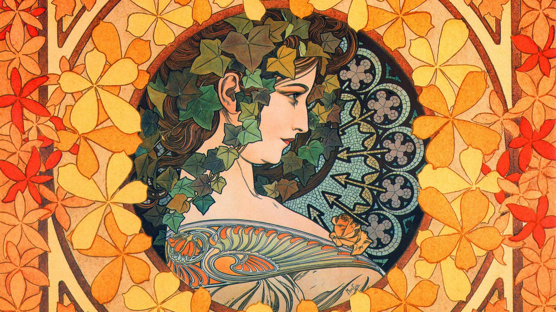 Folk Art 桌布 壁紙 — 一位頭髮上纏繞著常春藤的女性，在一個飾有橙、紅、黃色花朵的花卉馬賽克畫框內寧靜地凝視。