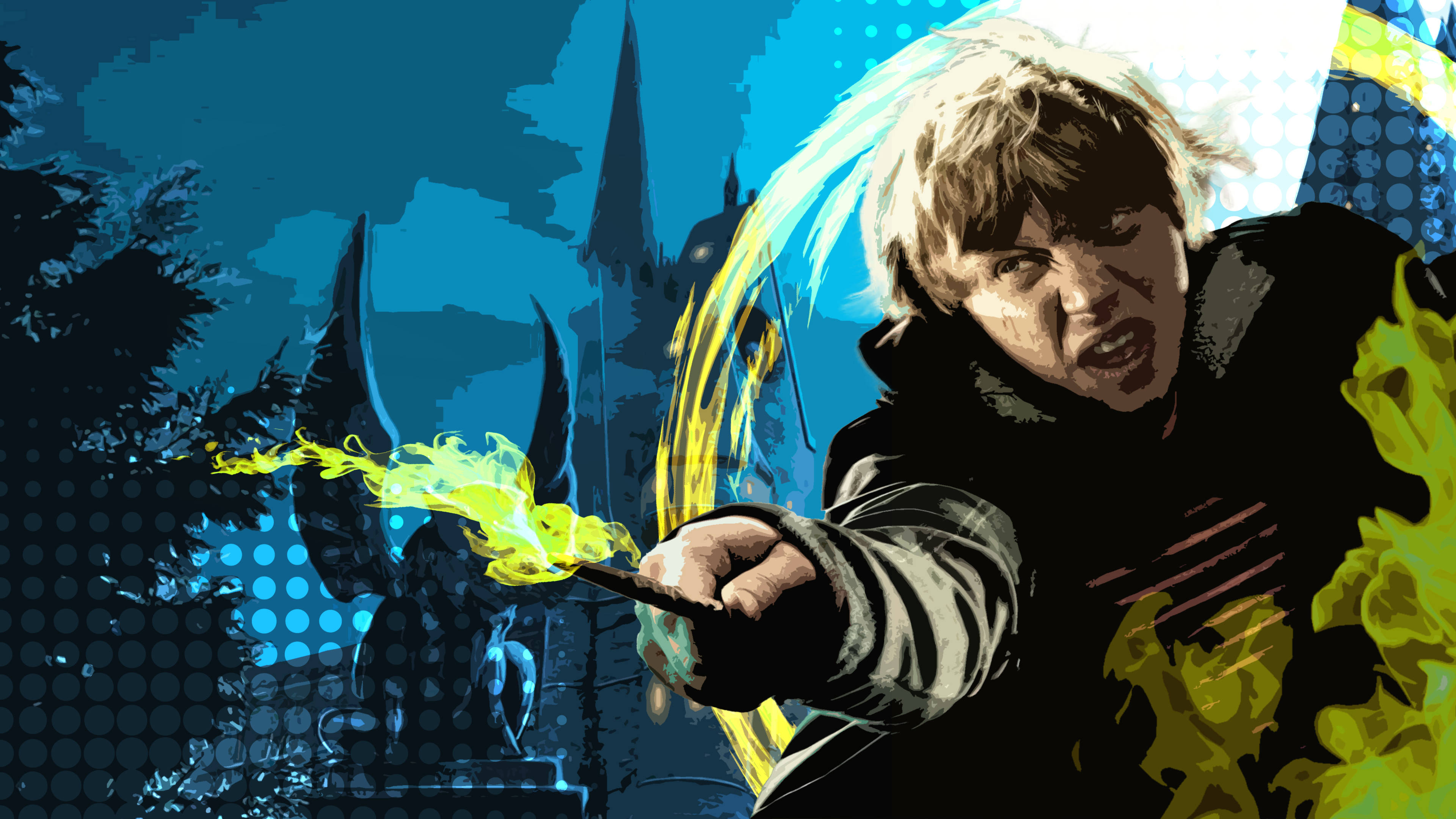 Hogwarts Aesthetic 桌布 壁紙 — 一位頭髮凌亂的年輕巫師，在深藍色哥德式背景下，用魔杖施展明亮的黃色咒語。
