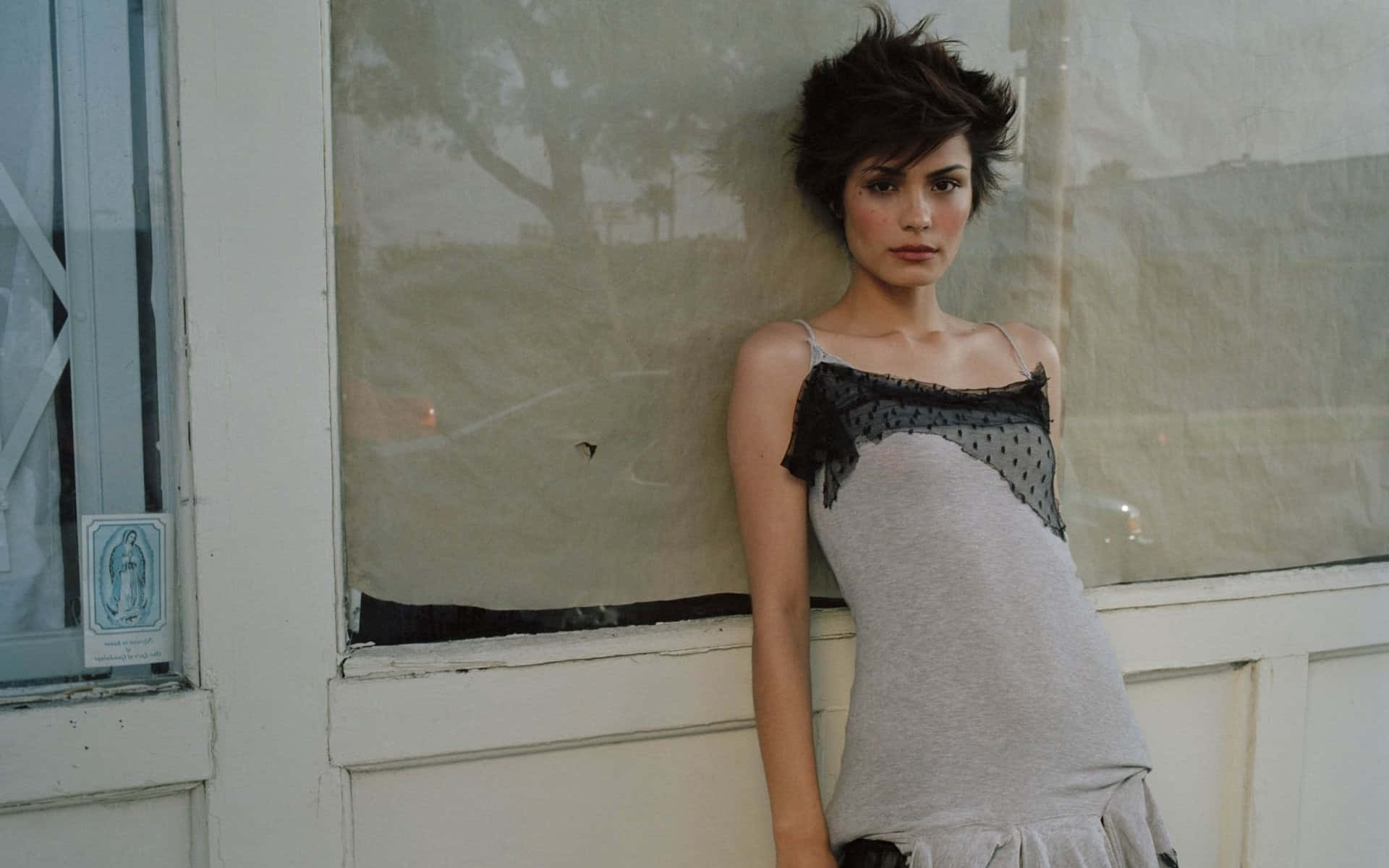 Shannyn Sossamon 桌布 壁紙 — 一位頭髮凌亂的深色頭髮女性靠在一扇風化的白色門上，穿著帶黑色蕾絲邊的灰色上衣，直視鏡頭。