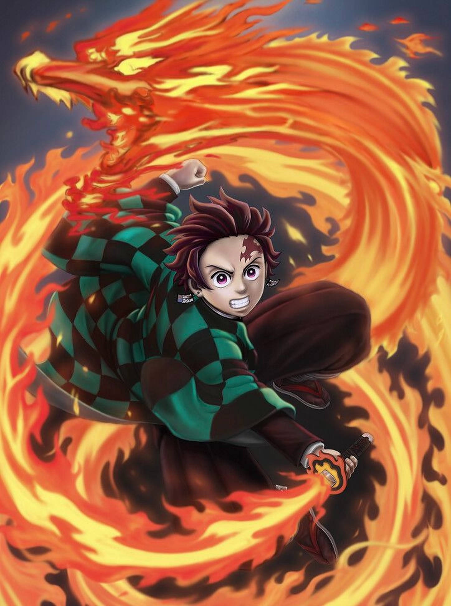 Kagura 桌布 壁紙 — 一位頭髮尖刺、身穿格紋外套的火熱動漫戰士釋放出熾熱的龍形火焰攻擊。