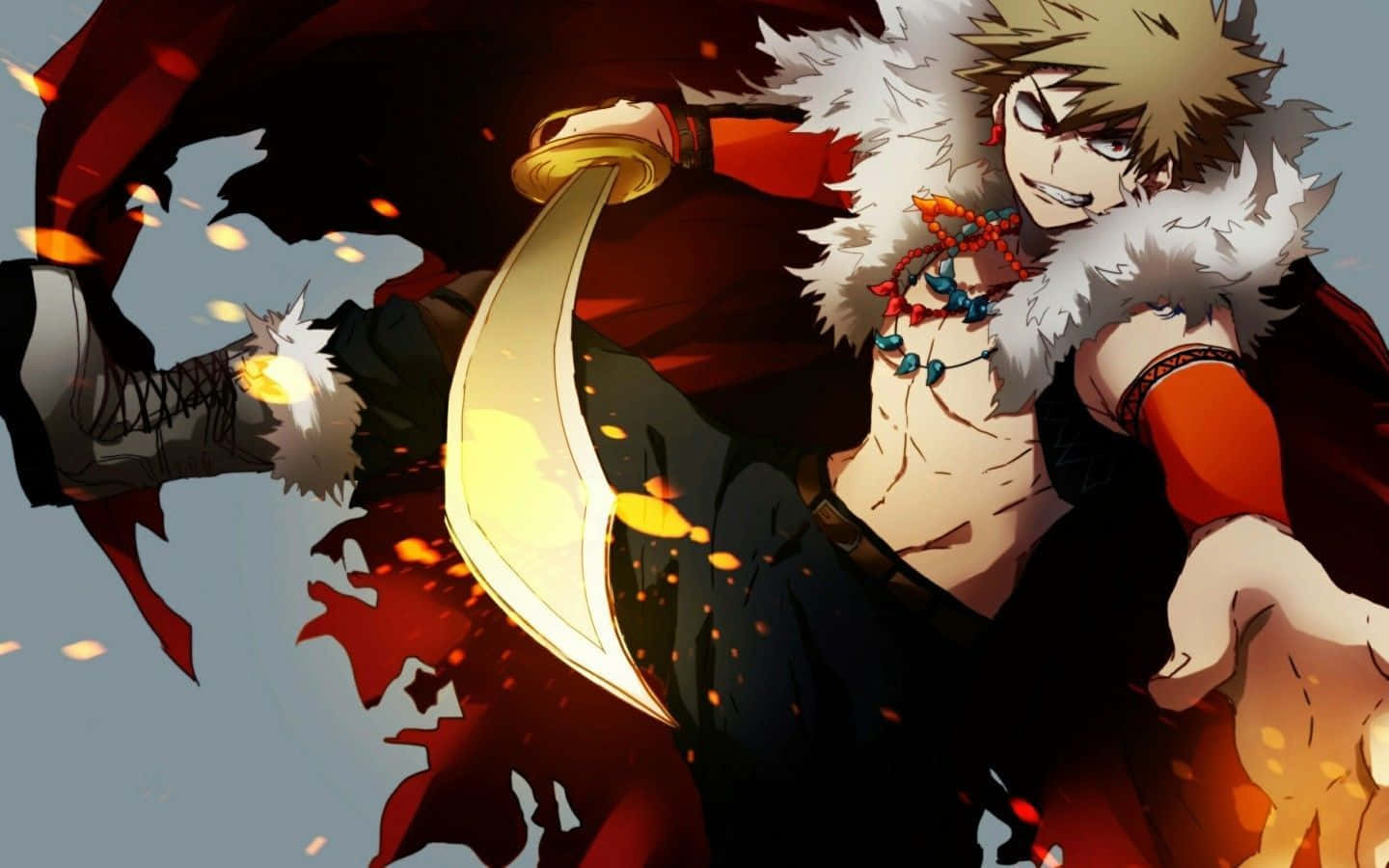 Bakugo 桌布 壁紙 — 一位頭髮尖刺、身穿紅色毛皮襯裡斗篷的動漫戰士，在黑暗背景下於火花中揮舞著發光的彎曲刀刃。