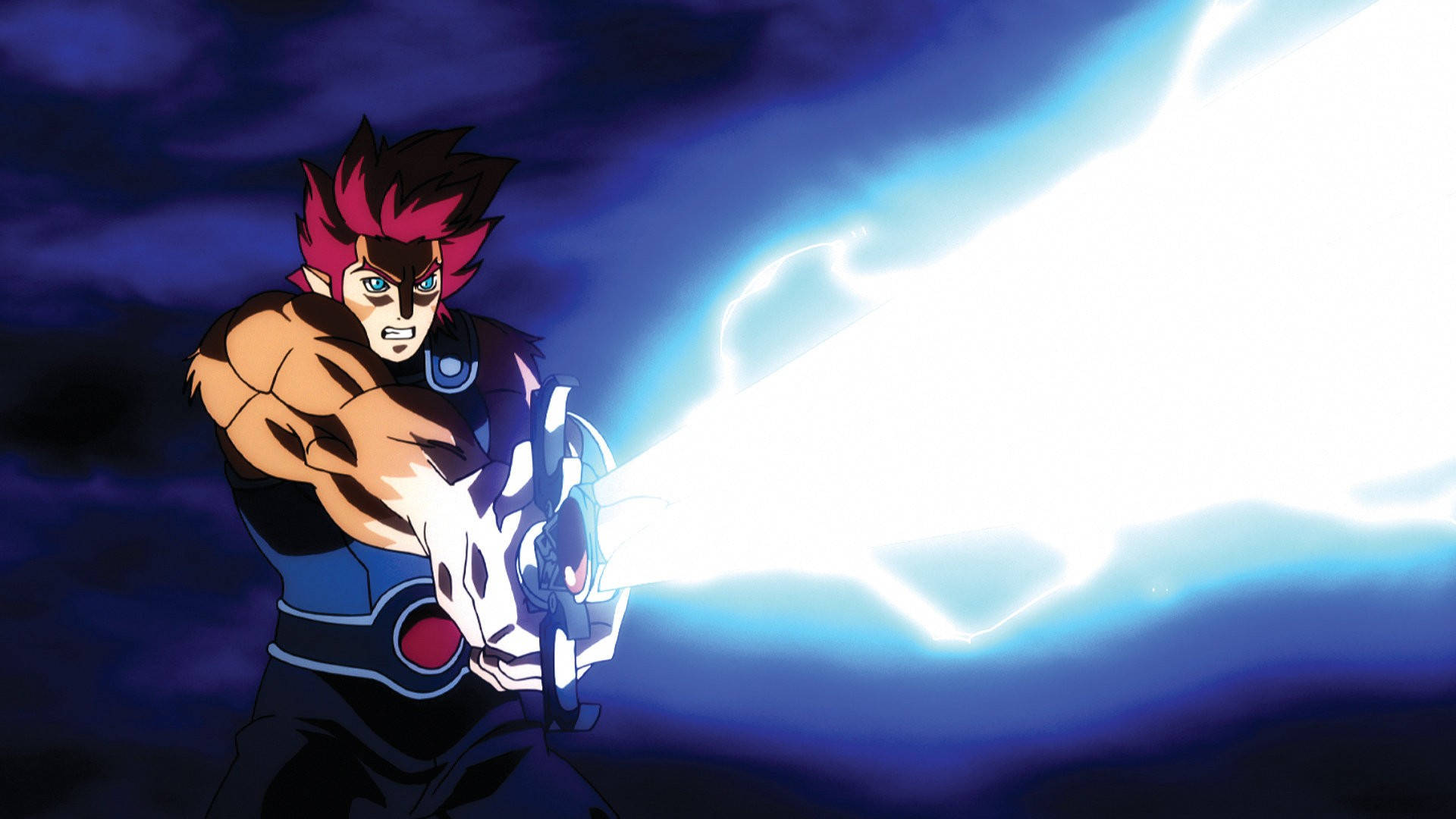 Thundercats 桌布 壁紙 — 一位頭髮尖刺的動漫戰士在暴風雨的夜空下引導出一道刺眼的藍色能量衝擊波。