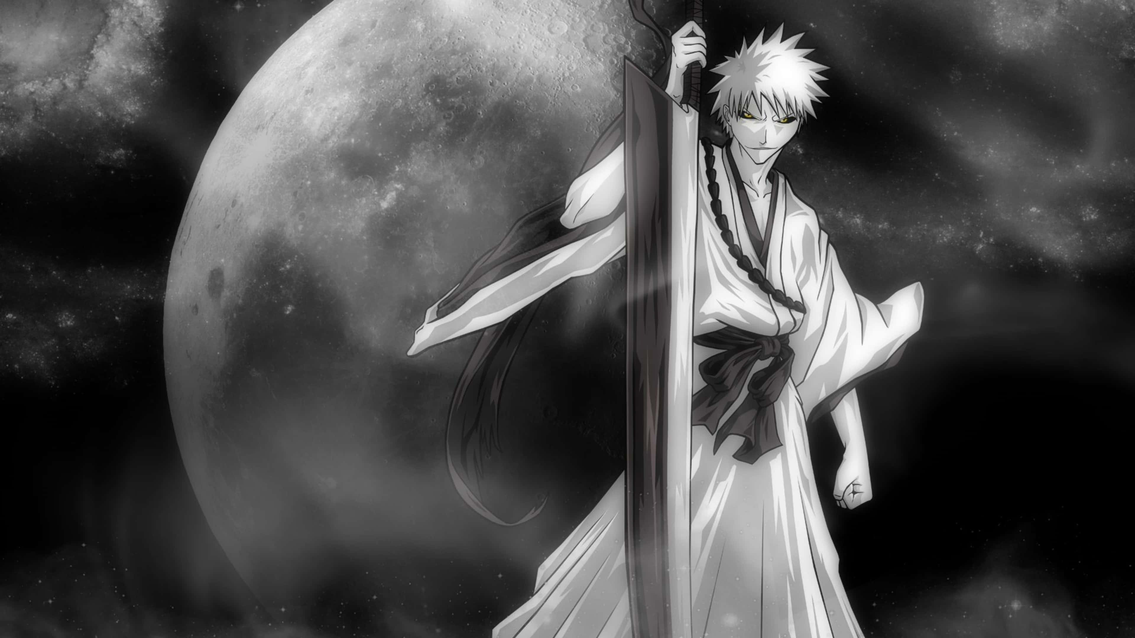 Ichigo 4K 桌布 壁紙 — 一位頭髮尖刺的動漫戰士身穿白色長袍，手持巨劍，背景是巨大的月亮和星空。