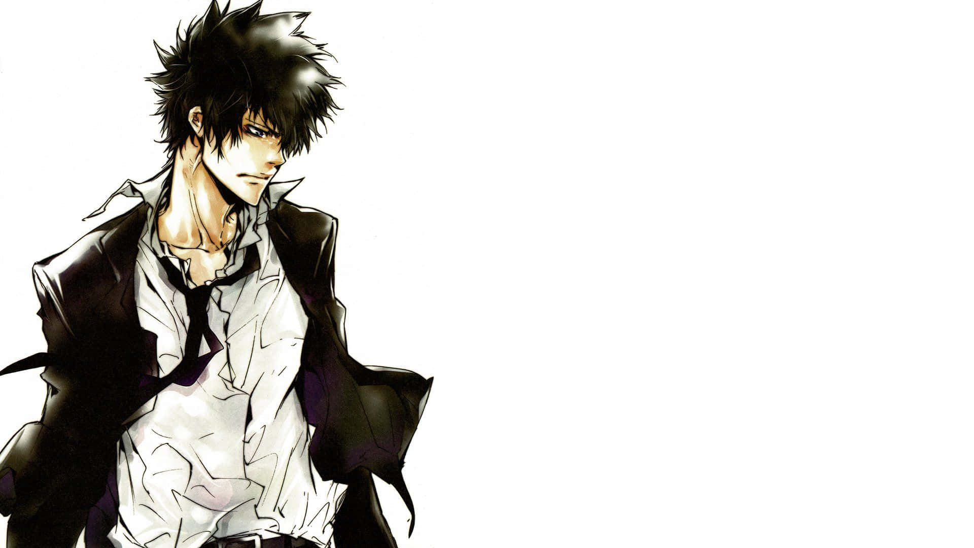 Shinya Kogami 桌布 壁紙 — 一位頭髮尖刺的動畫男性，表情嚴肅，穿著破爛的白襯衫和黑色外套，背景是純白色。