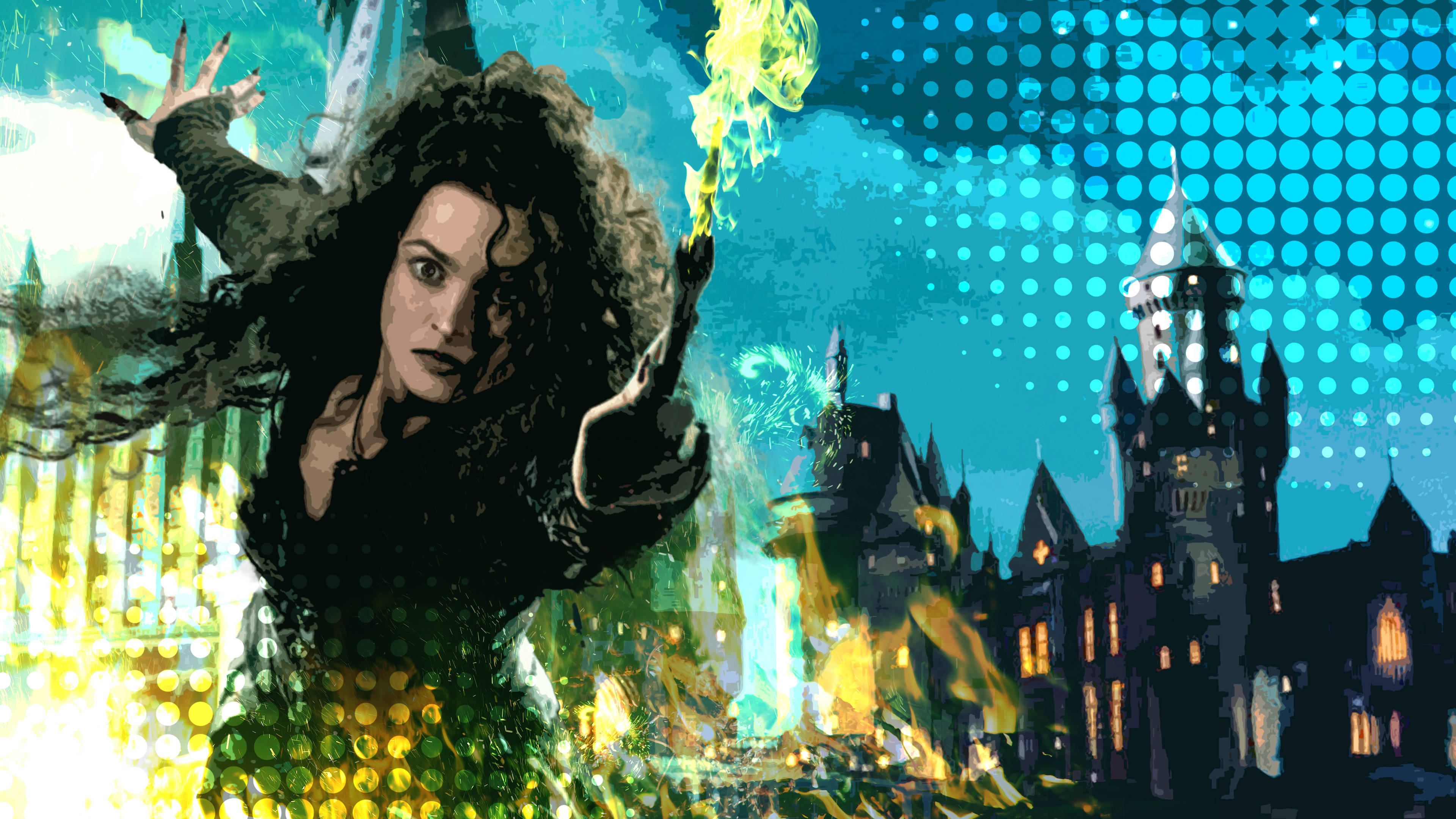 Hogwarts Aesthetic 桌布 壁紙 — 一位頭髮狂野的女巫在充滿活力的藍色點綴天空下，在哥德式城堡前施展發光的黃色魔法。