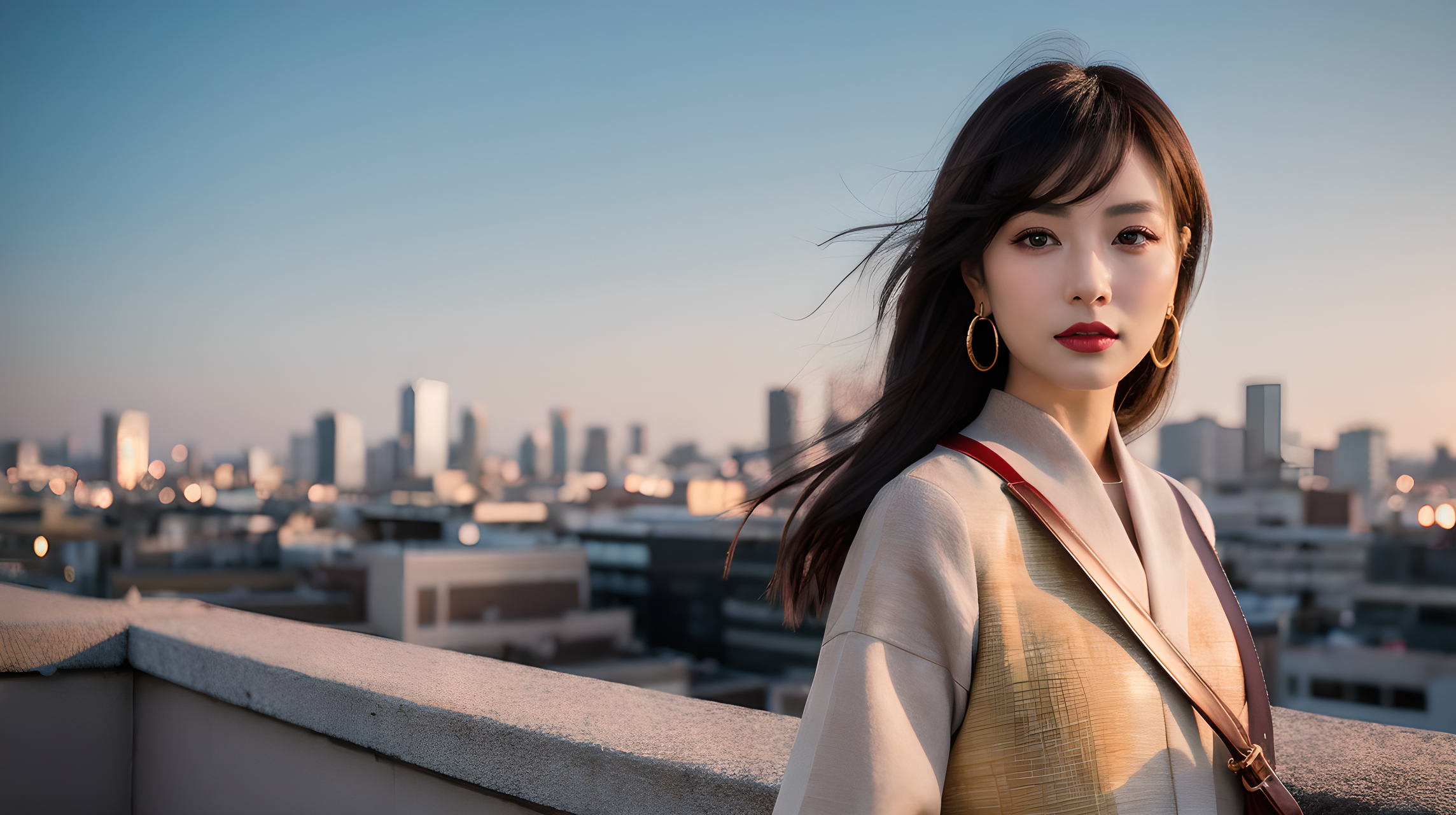 建築 桌布 壁紙 — 一位頭髮被風吹拂的女性站在屋頂上，俯瞰著沐浴在金色時刻陽光下的城市景觀。