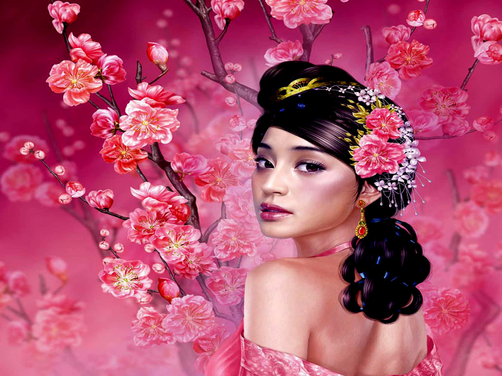Sakura Blossom 桌布 壁紙 — 一位頭髮裝飾著粉紅花朵的女性，在充滿活力的粉紅花卉背景下溫柔凝視。