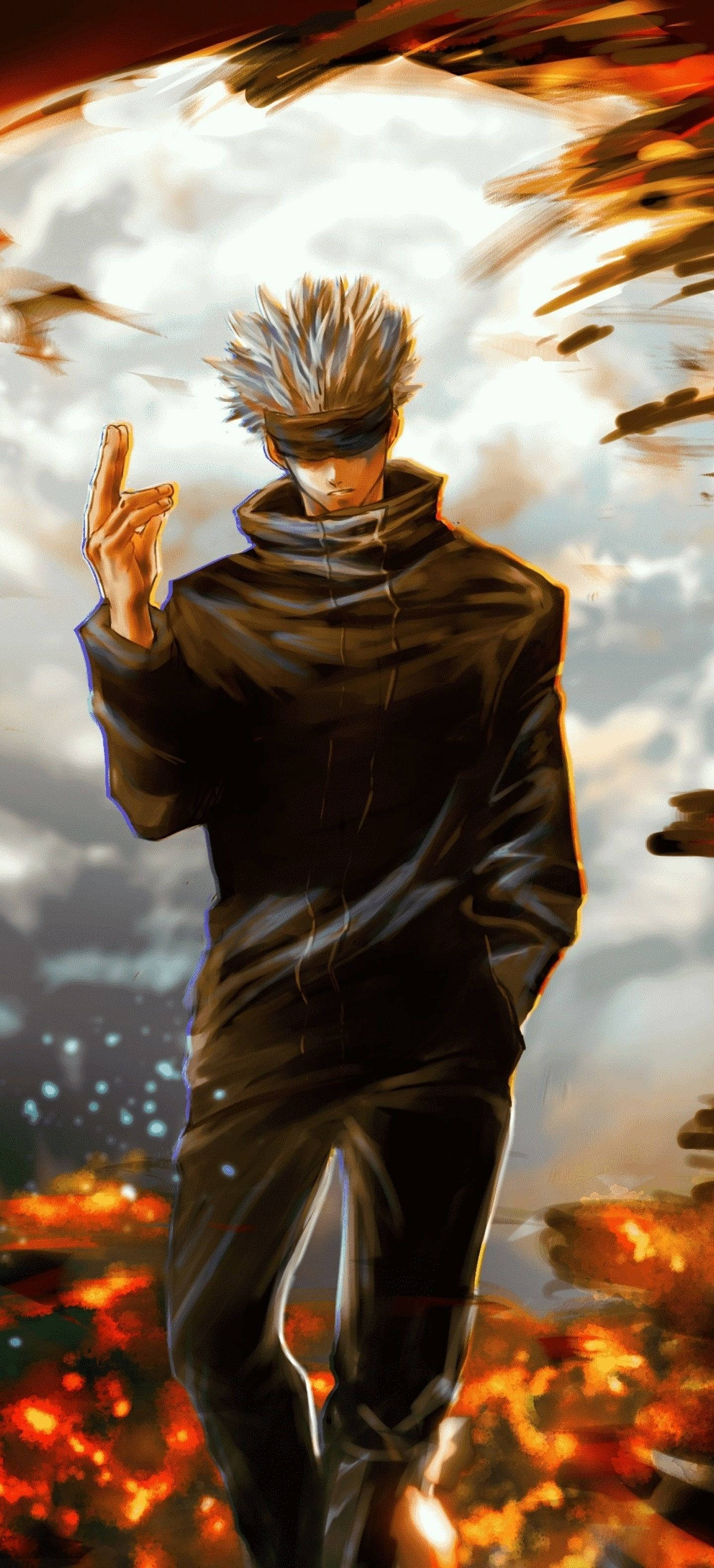 Gojo Sataru 桌布 壁紙 — 一位頭髮豎立的動漫戰士身穿黑色長袍，在熾熱的天空下傲然站立，周圍有發光的餘燼旋轉。