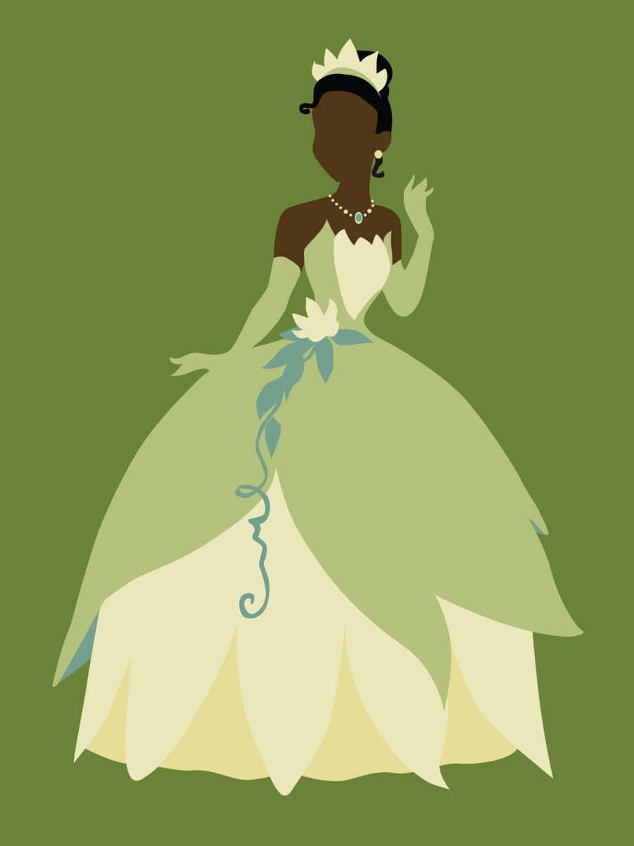 Princess Tiana 桌布 壁紙 — 一位風格化的公主，身穿流動的綠色和奶油色長袍，飾有白色花朵和藤蔓，戴著皇冠，背景為純橄欖綠色。