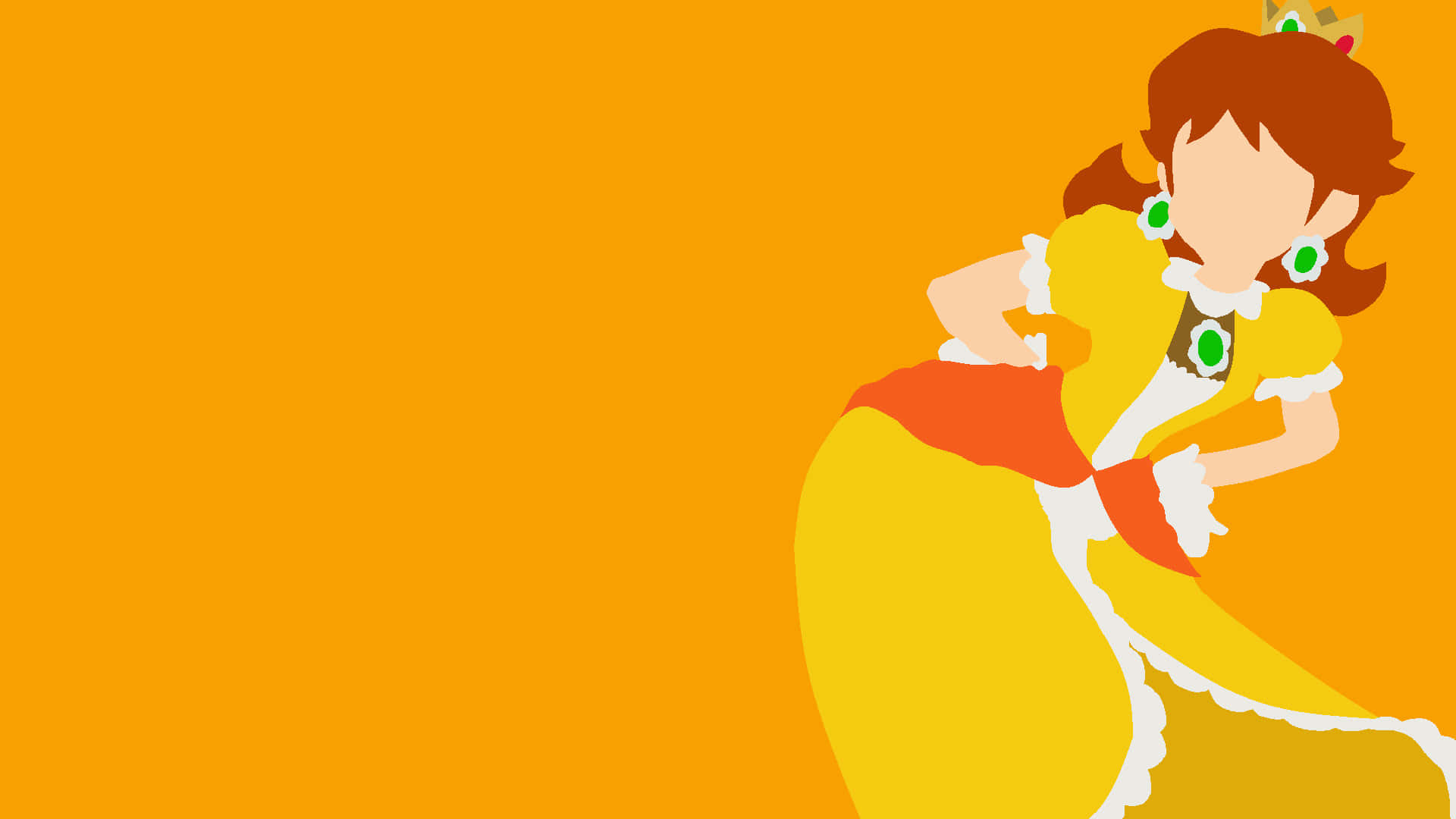Princess Daisy 桌布 壁紙 — 一位風格化的公主，身穿黃色連衣裙，帶有紅色點綴和綠色寶石，在純橙色背景前自信地擺姿勢。