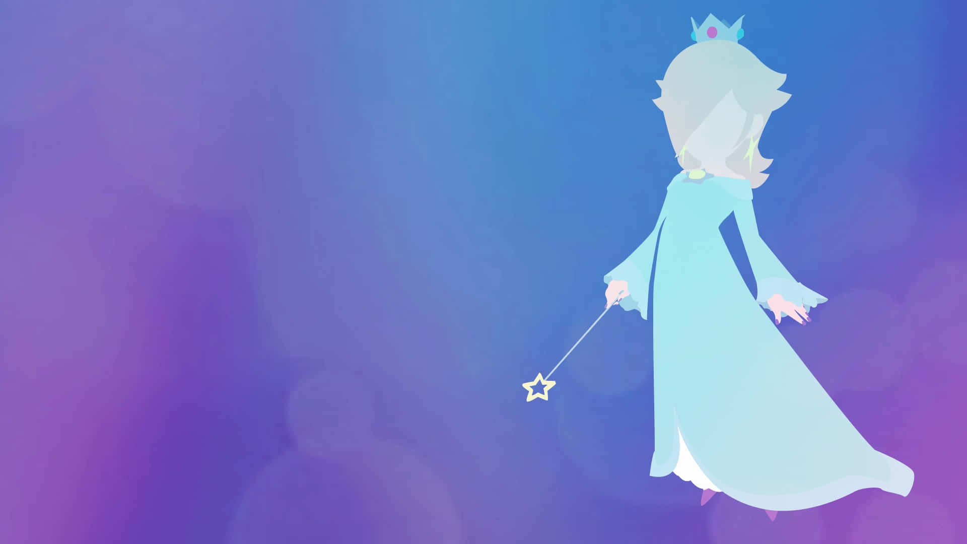 Princess Rosalina 桌布 壁紙 — 一位風格化的公主穿著飄逸的藍色長裙，在夢幻的紫色和藍色漸變背景中手持星形魔杖。