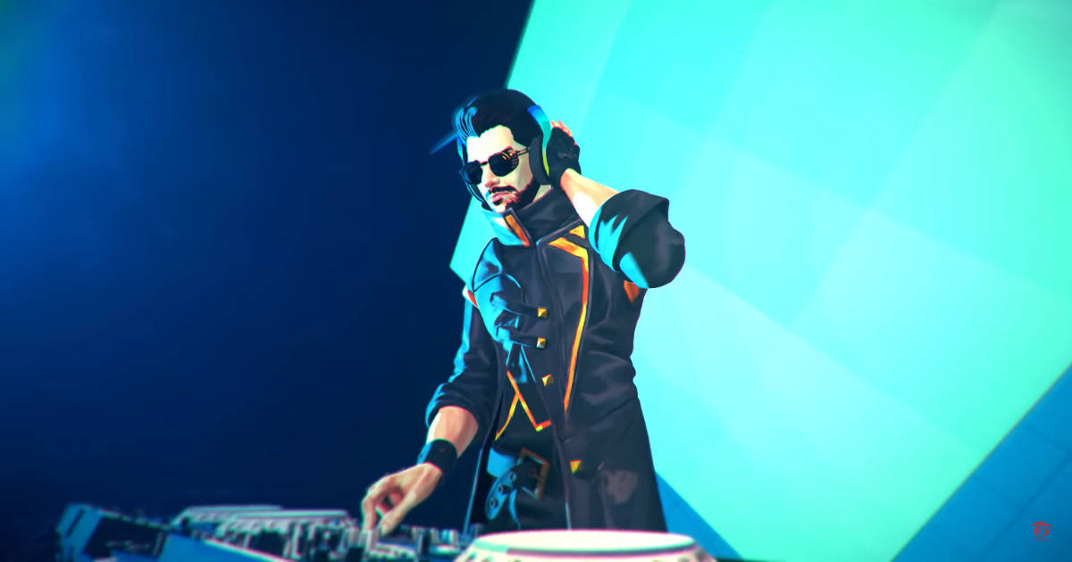 dj alok free fire 桌布 壁紙 — 一位風格化的動漫DJ，身穿帶有橙色點綴的黑色外套，在充滿活力的藍色和青色舞台燈光下調整耳機。