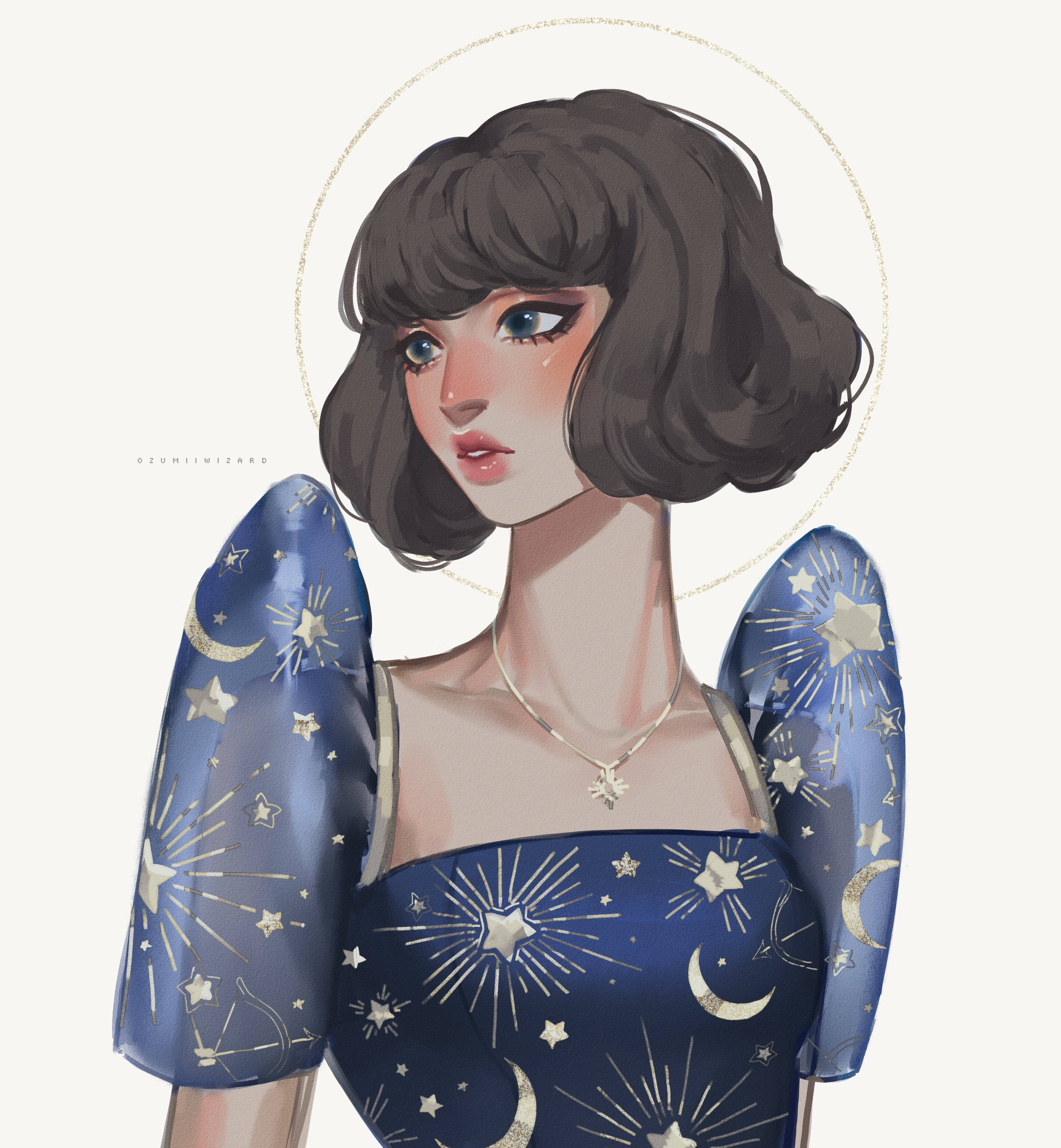 Maria Clara 桌布 壁紙 — 一位風格化的動漫女孩，留著深色鮑伯頭，身穿飾有星星和月亮的天藍色連衣裙，周圍環繞著柔和的金色光環。