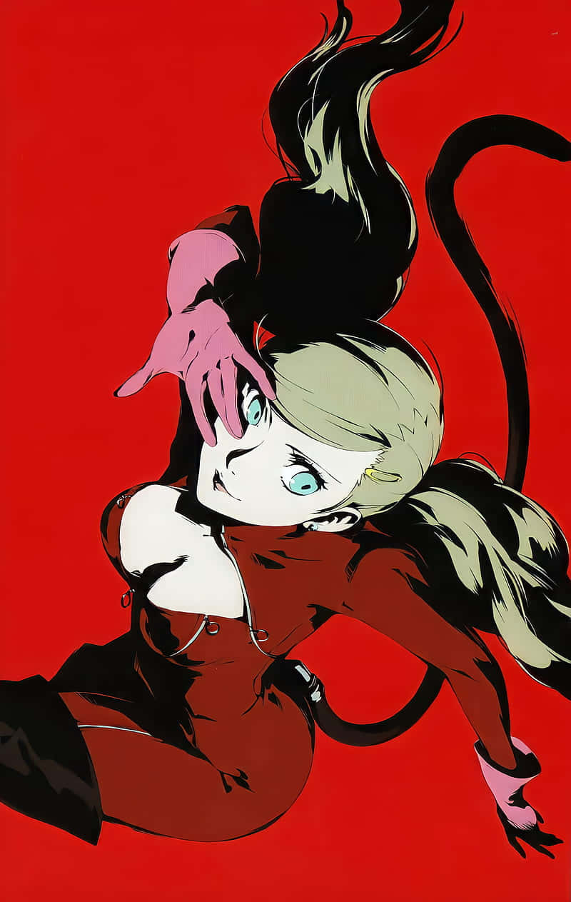 桌布 壁紙 — 一位風格化的動漫女孩，金髮藍眼，在鮮紅色背景前擺出動態姿勢。