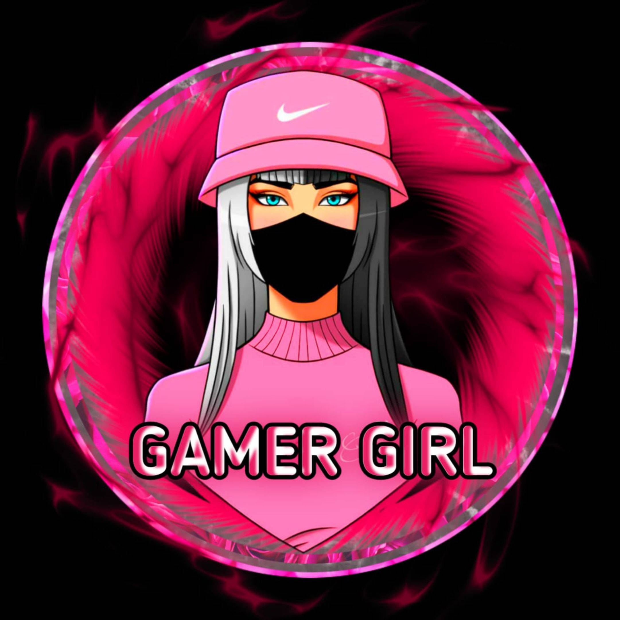 Gamer Logo 桌布 壁紙 — 一位風格化的動漫女孩，銀色頭髮，戴著粉紅色Nike帽，穿著黑色口罩和粉紅色毛衣，背景是旋轉的粉紅色能量圈。