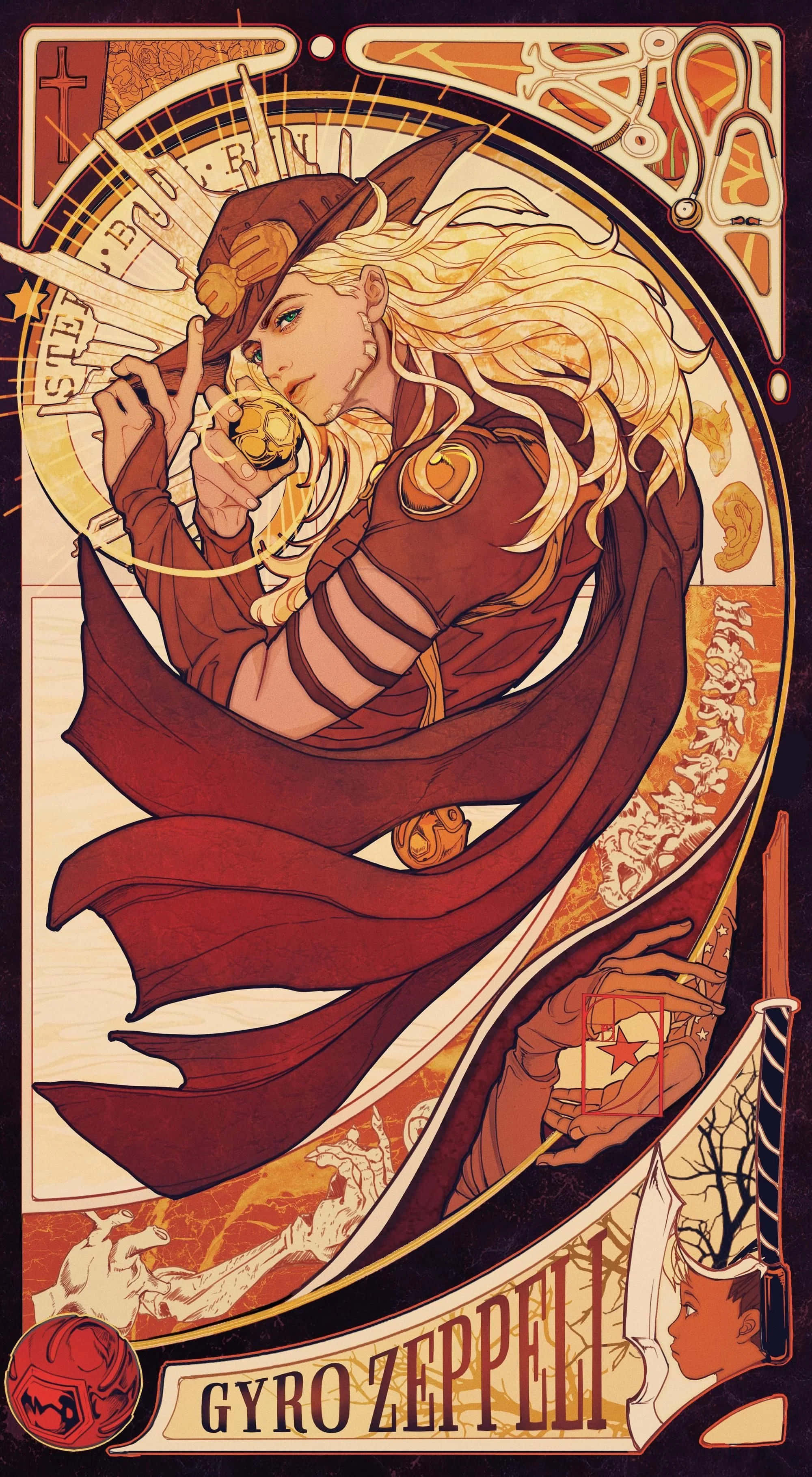 Jojo Steel Ball Run 桌布 壁紙 — 一位風格化的動漫女巫，擁有飄逸的金色長髮和紅色斗篷，在華麗的金色和紅色新藝術風格背景下手持發光球體。