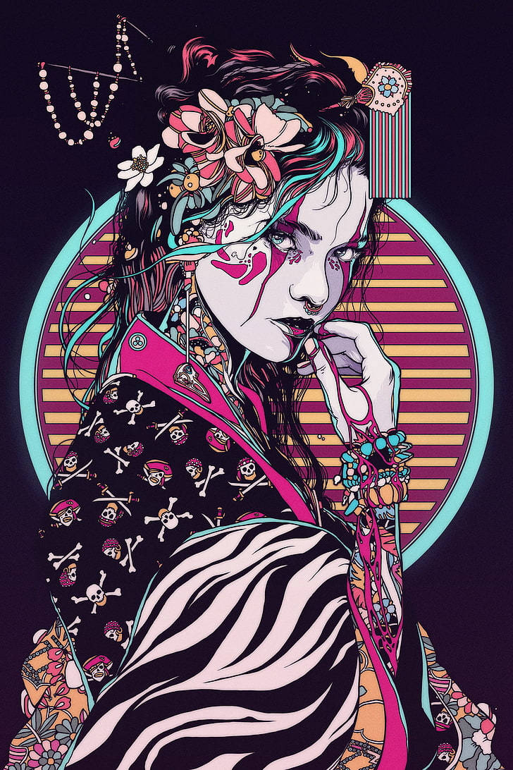 Geisha 桌布 壁紙 — 一位風格化的動漫女性，佩戴花卉髮飾，穿著骷髏圖案服裝，在條紋圓形背景前擺姿勢。
