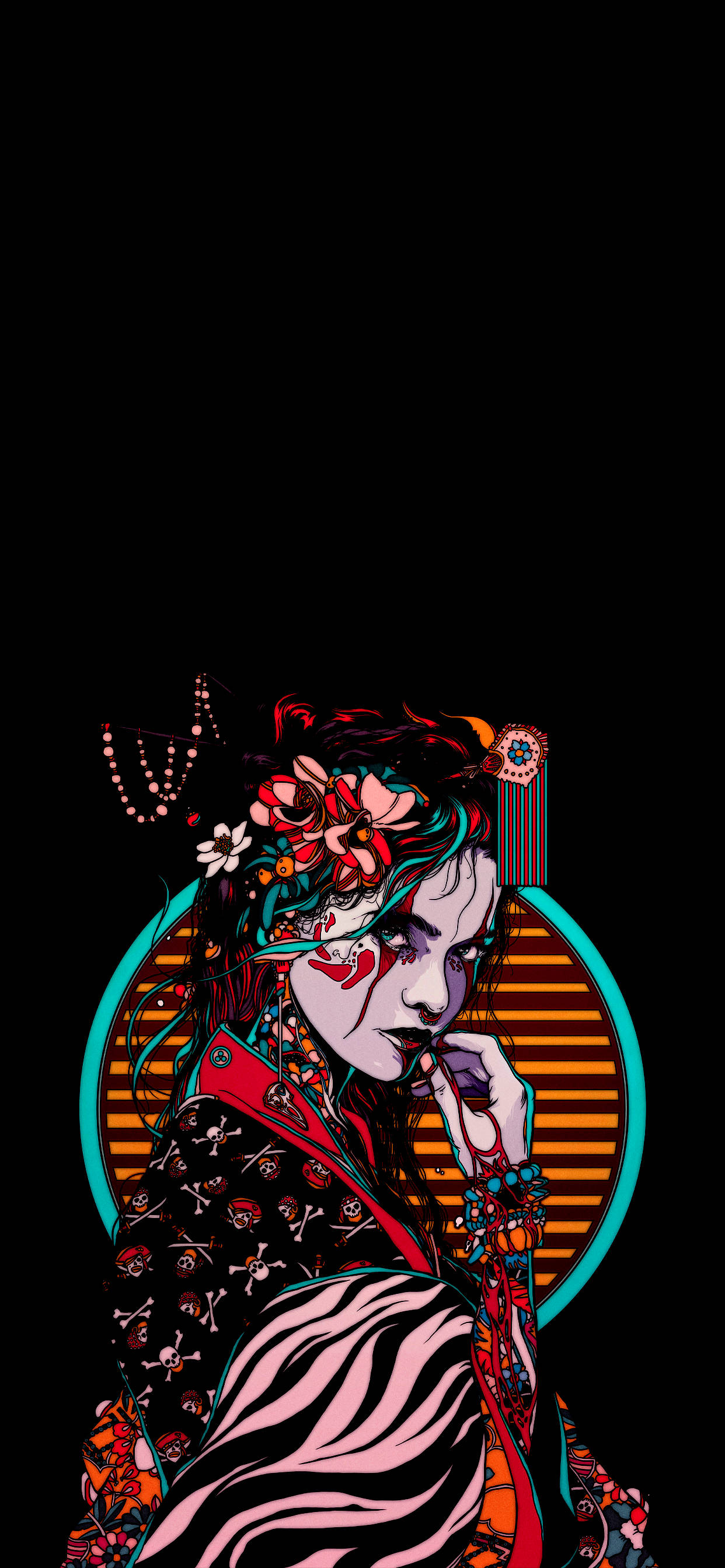 Geisha 桌布 壁紙 — 一位風格化的動漫女性，戴著花卉髮飾，穿著骷髏圖案的衣服，在發光的圓形背景前擺姿勢。