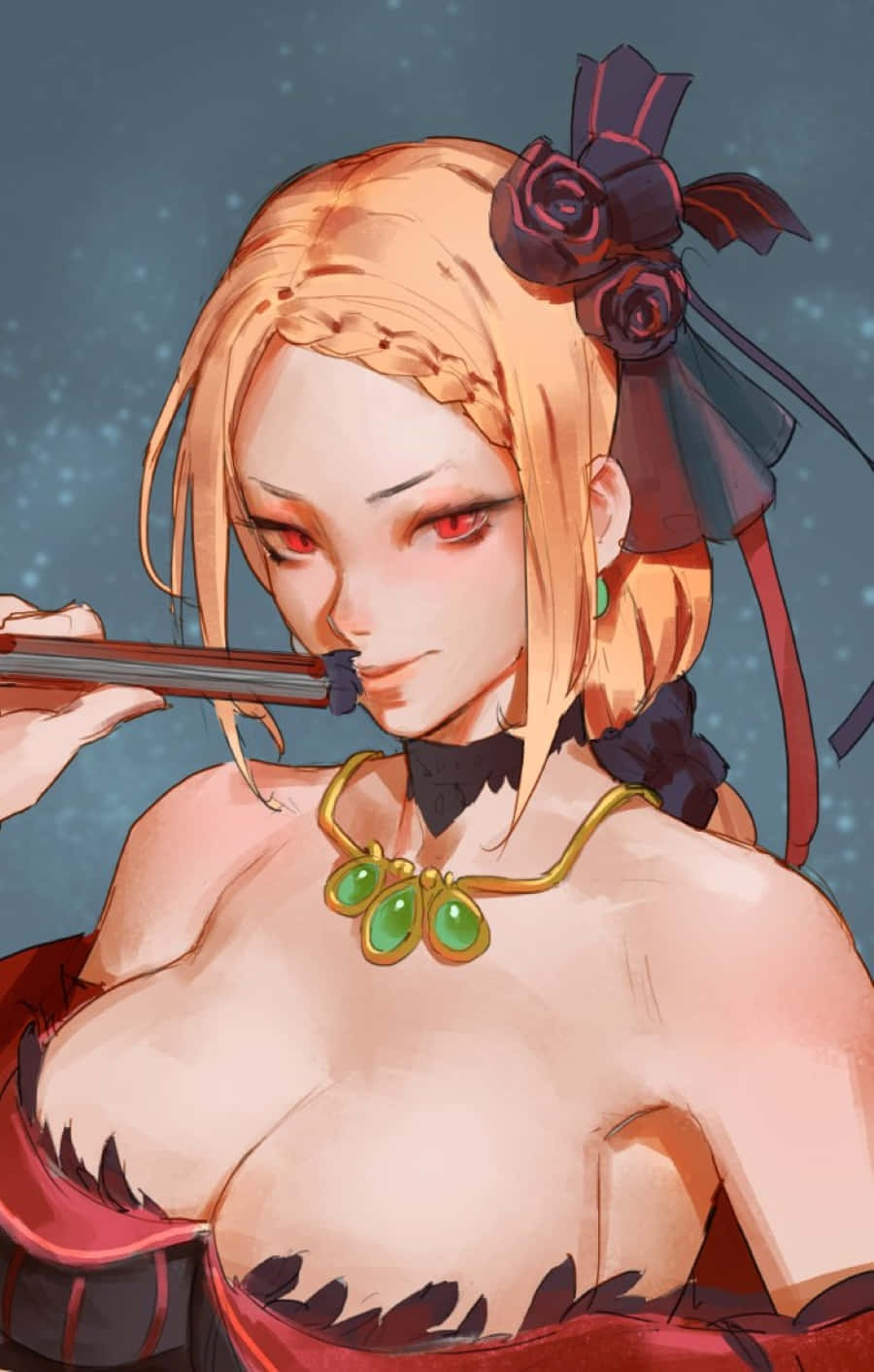 Priscilla Barielle 桌布 壁紙 — 一位風格化的動漫女性，擁有橙色頭髮和紅色眼睛，在星空夜空背景下吹奏長笛。