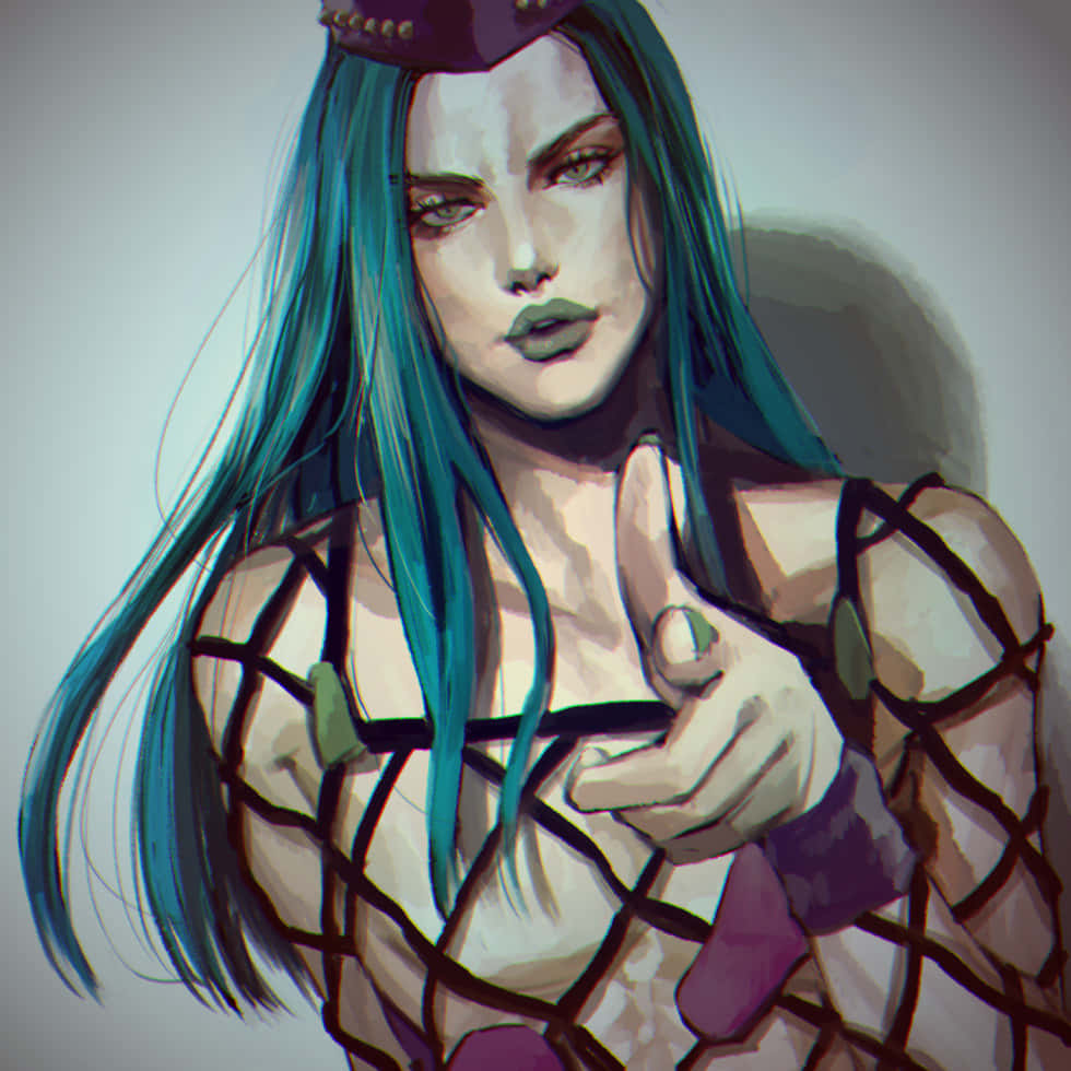 Narciso Anasui 桌布 壁紙 — 一位風格化的動漫女性，擁有青綠色頭髮和紫色帽子，透過黑色網狀服裝直接指向觀眾。