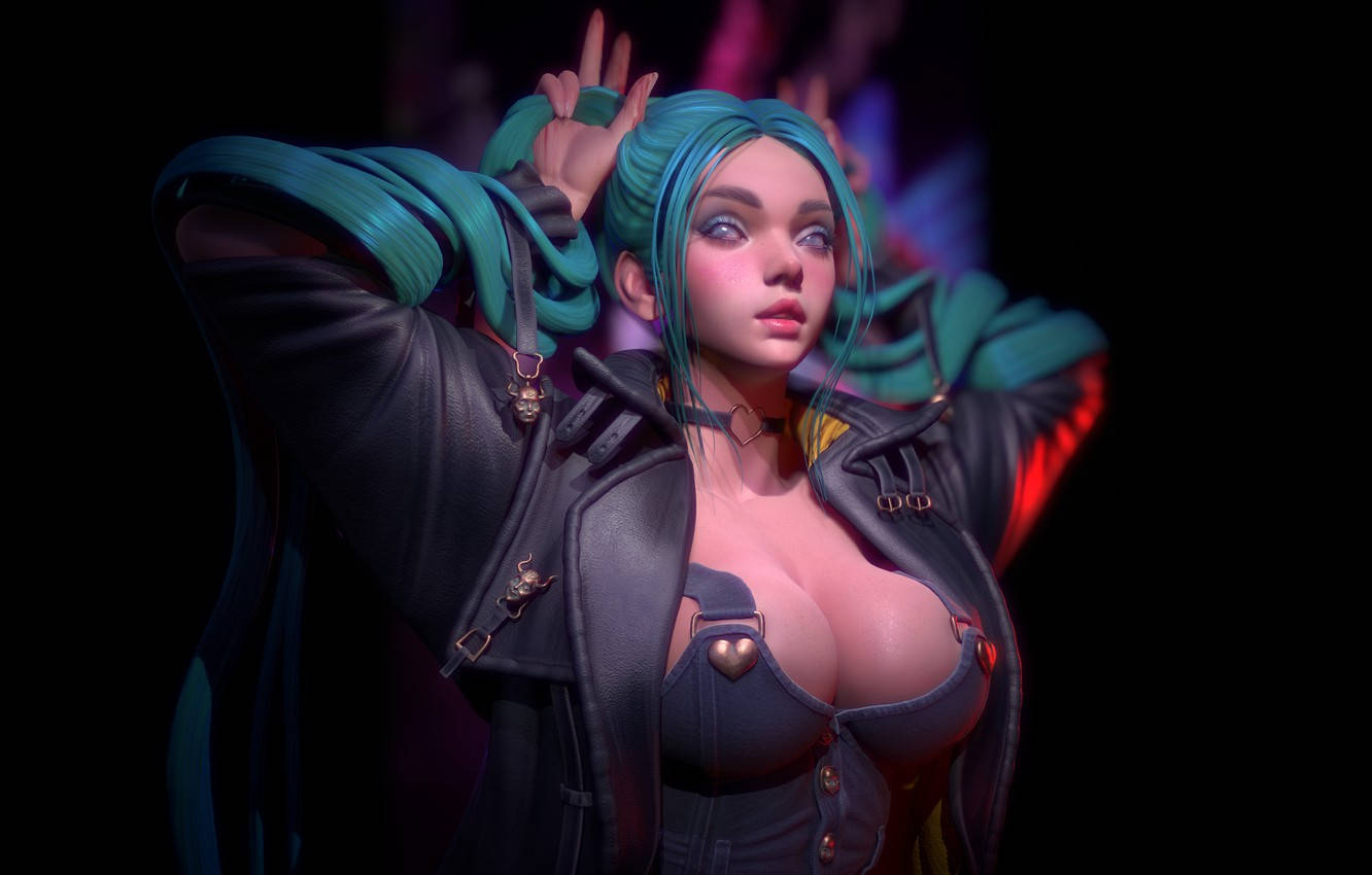 miku 桌布 壁紙 — 一位風格化的動漫女性，擁有青色頭髮和皮夾克，在黑暗的霓虹燈背景下自信地擺姿勢。