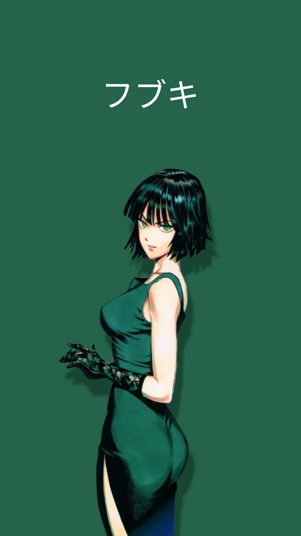 Fubuki 桌布 壁紙 — 一位風格化的動漫女性，短黑髮和綠眼睛，穿著合身的綠色連衣裙和黑色手套，背景為純綠色。