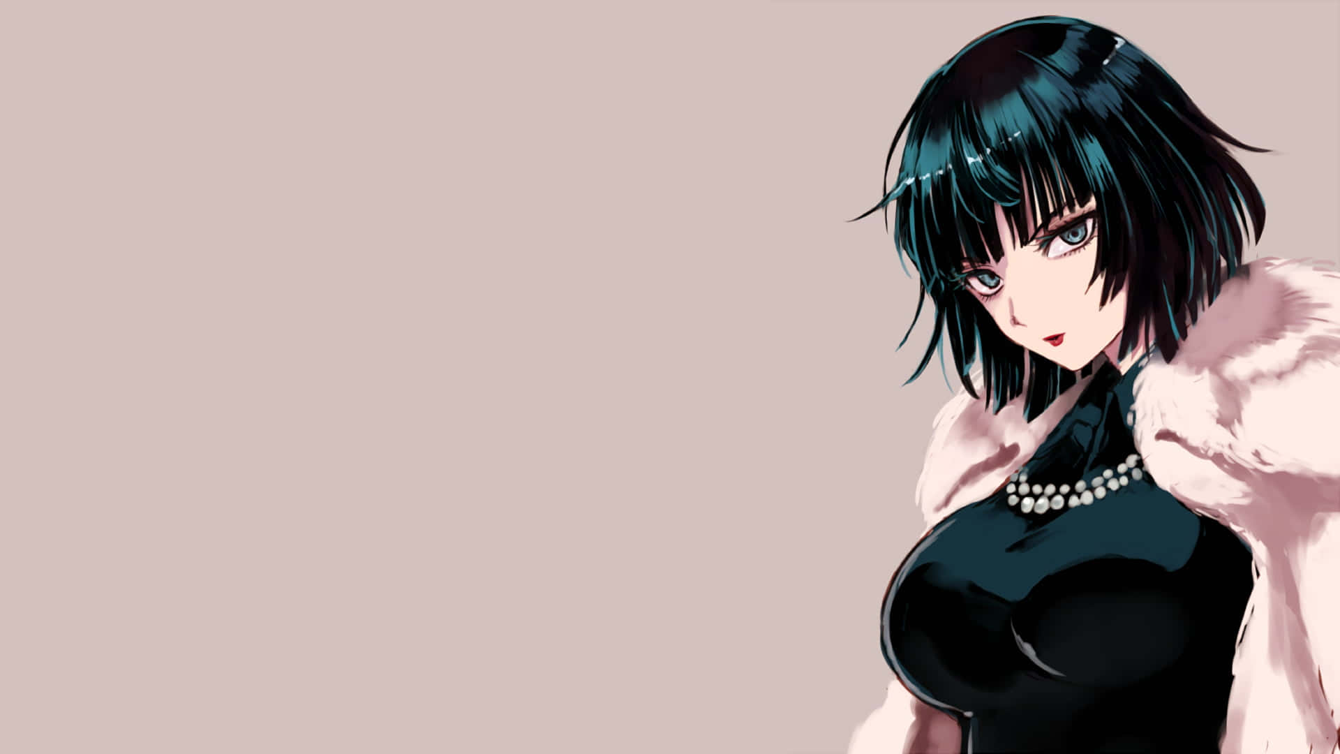 Fubuki 桌布 壁紙 — 一位風格化的動漫女性，短黑髮藍眼，穿著黑色連衣裙和粉色毛皮大衣，背景是柔和的米色。