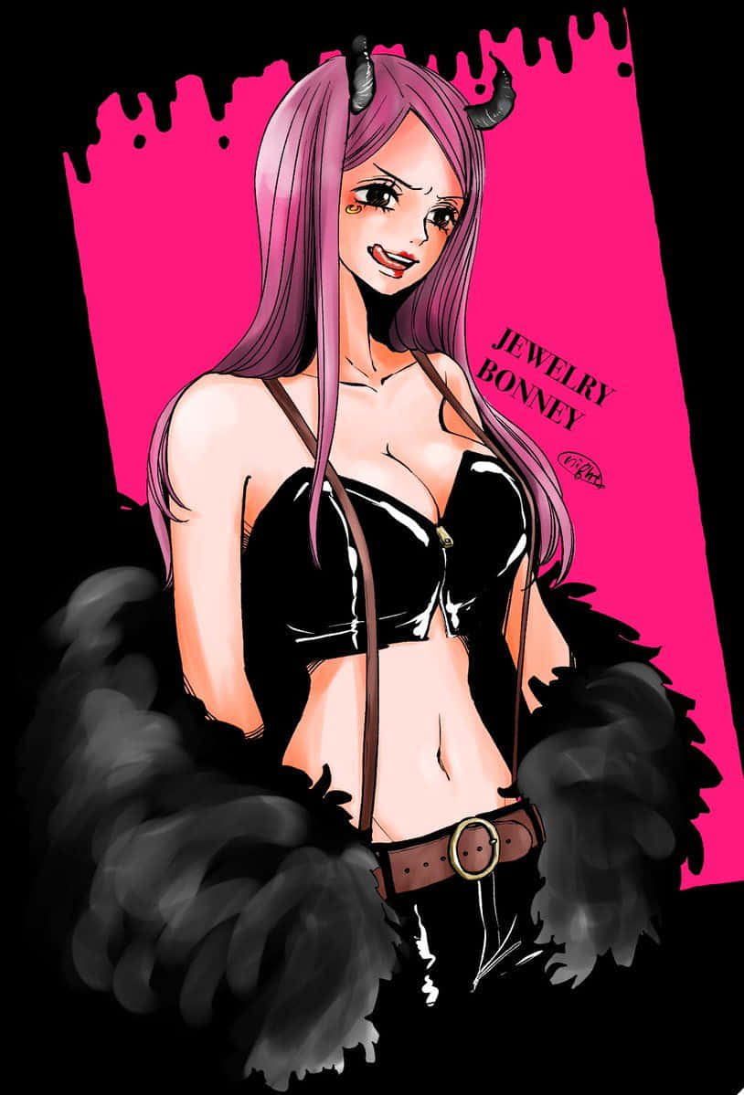 Jewelry Bonney 桌布 壁紙 — 一位風格化的動漫女性，紫色頭髮和角，穿著黑色服裝，背景是滴落的粉紅色。