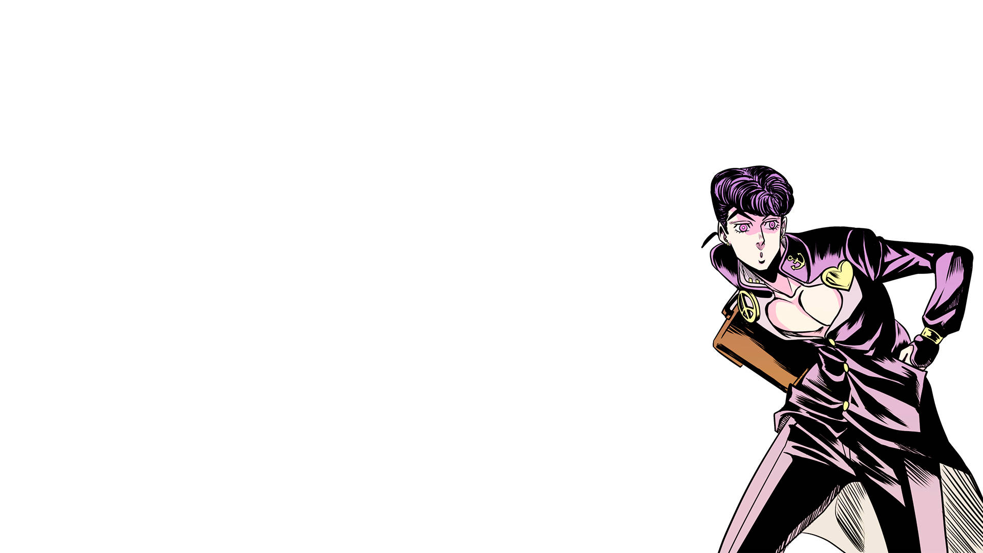 Josuke 桌布 壁紙 — 一位風格化的動漫女性，紫色頭髮和服裝，向前傾身，在純白背景前拿著一本書。