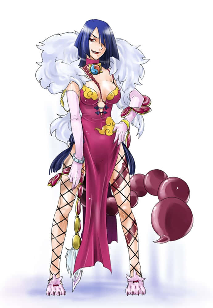 Gurren Lagann Adiane 桌布 壁紙 — 一位風格化的動漫女性，藍色頭髮，白色毛領，穿著一件帶有金色裝飾和栗色球體尾巴的暴露洋紅色連衣裙。