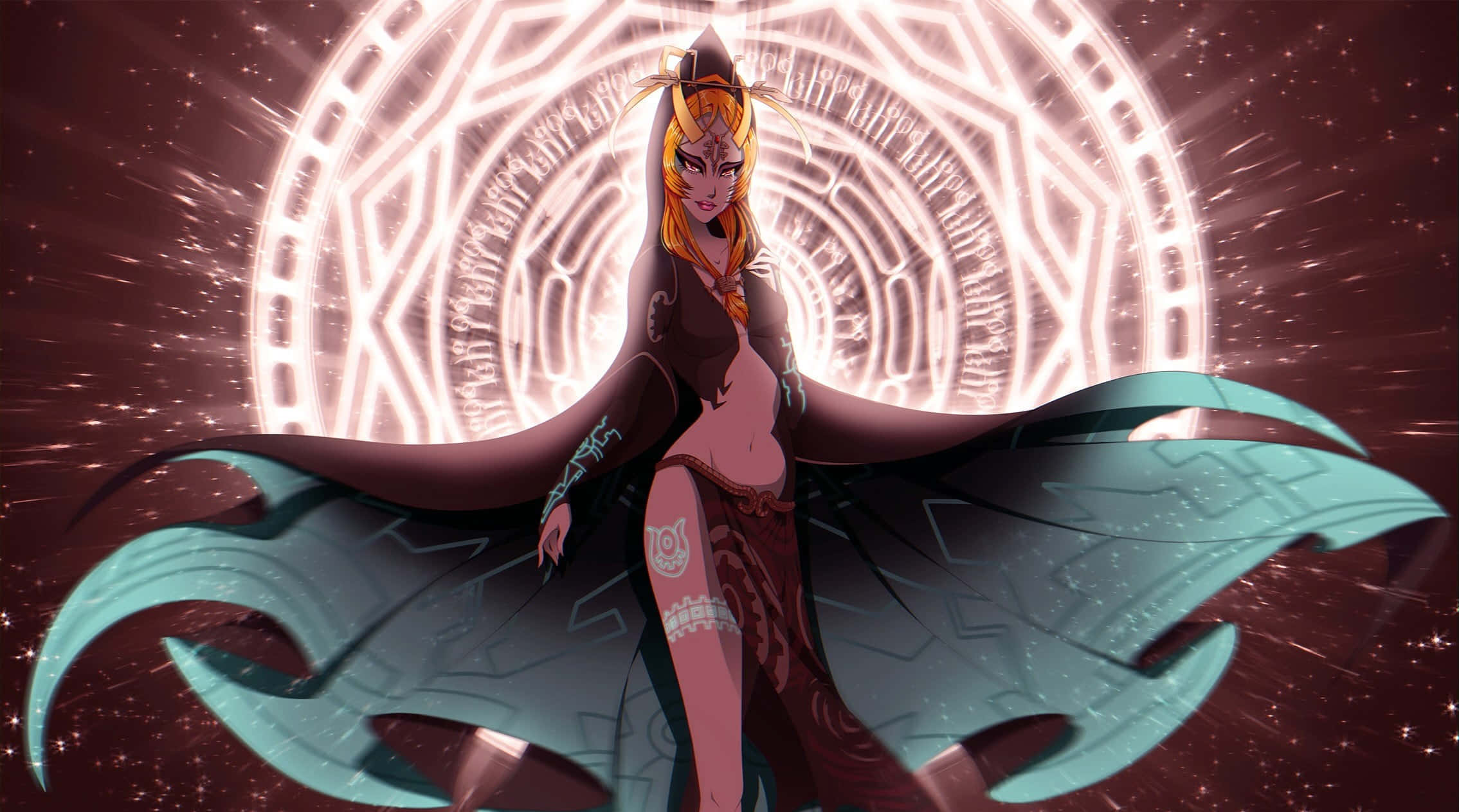 The Legend Of Zelda Midna 桌布 壁紙 — 一位風格化的動漫女性，金色頭髮和青色翅膀，站在宇宙環境中發光的圓形傳送門前。