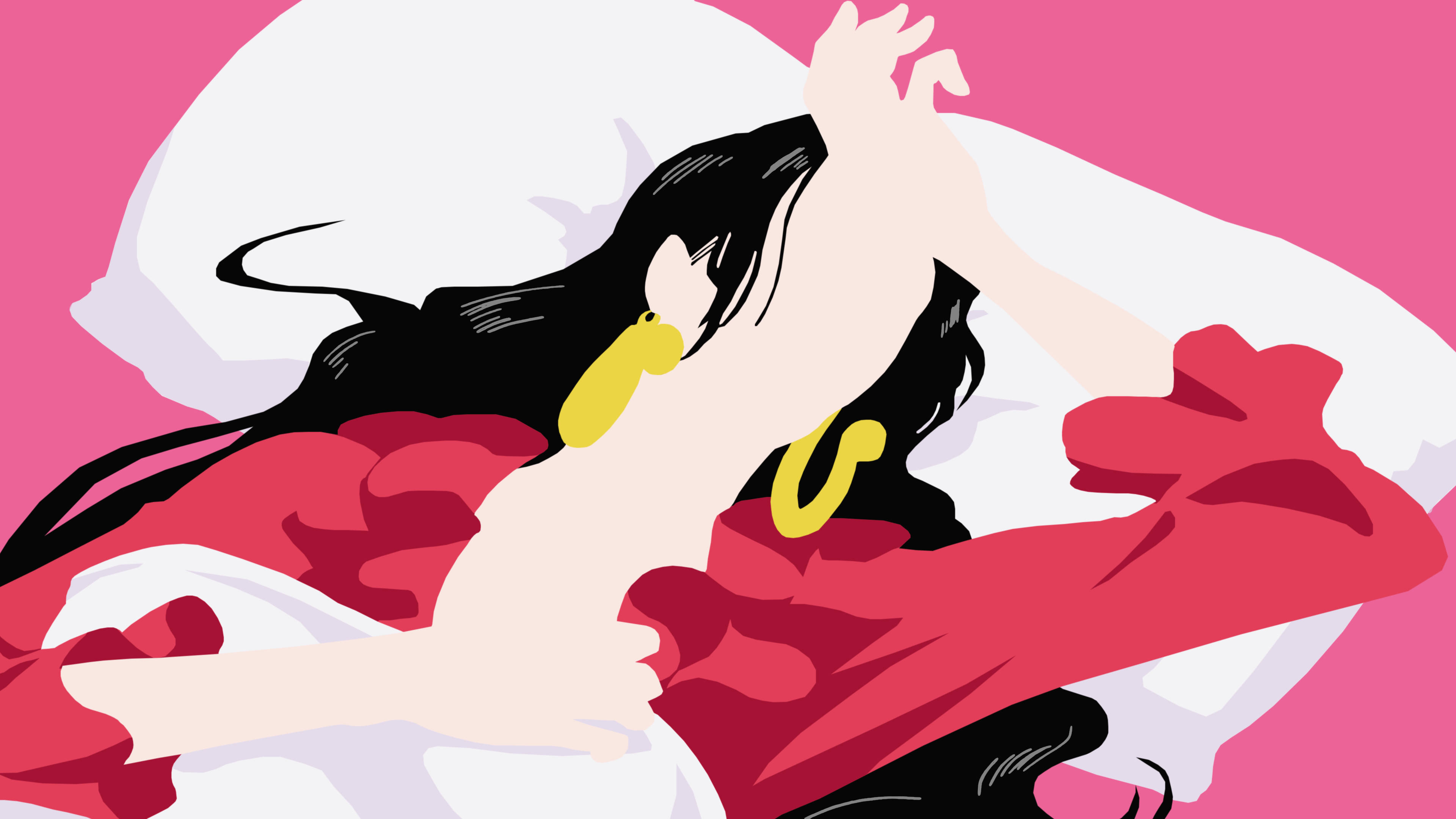 one piece art 桌布 壁紙 — 一位風格化的動漫女性，黑髮黃耳環，在粉紅色背景前躺在紅色布料上。