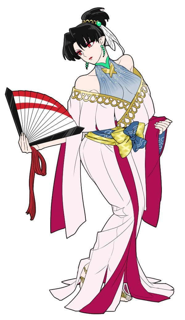 Inuyasha Kagura 桌布 壁紙 — 一位風格化的動漫女性穿著傳統日本服飾，手持紅白扇子，眼神自信。
