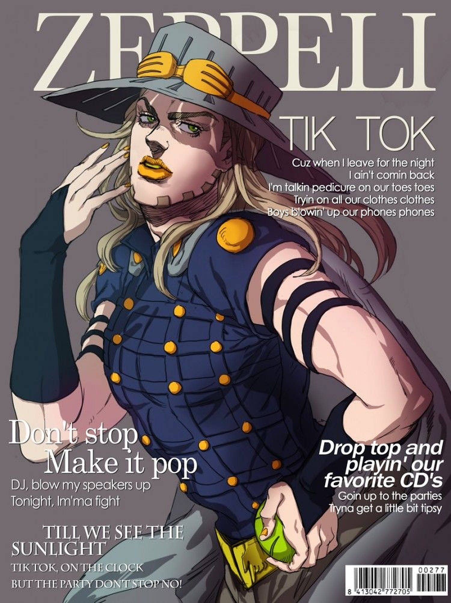 Gyro Zeppeli 桌布 壁紙 — 一位風格化的動漫女性穿著藍色服裝和帽子，在雜誌封面上自信地擺姿勢，帶有粗體文字和鮮明的黃色點綴。