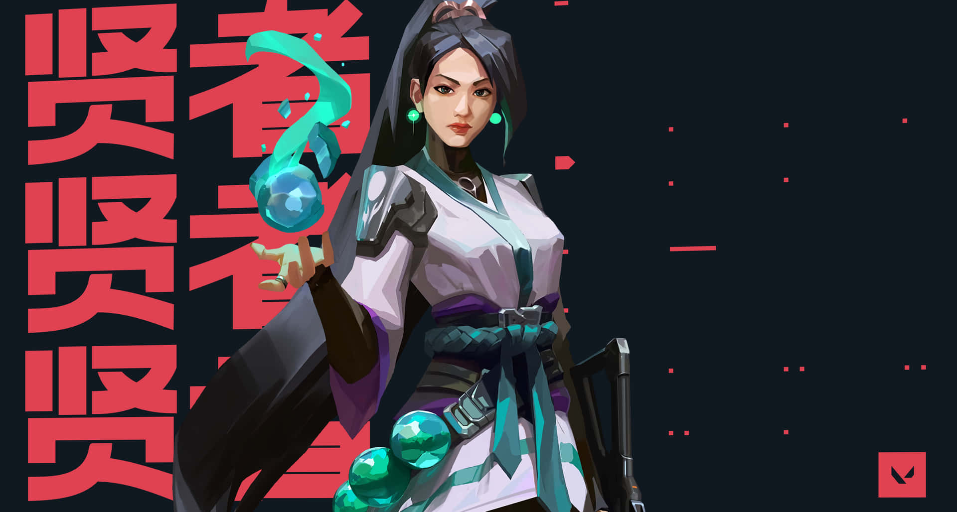 電玩遊戲 桌布 壁紙 — 一位風格化的動漫女戰士身穿白色和青綠色的盔甲，在帶有紅色漢字的黑暗背景前手持發光的藍色球體。