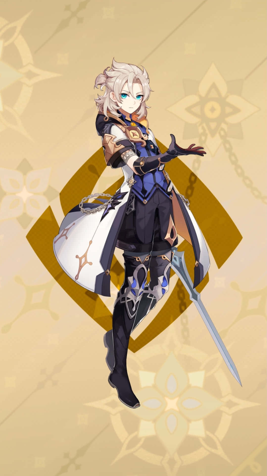 Genshin Impact Albedo 桌布 壁紙 — 一位風格化的動漫戰士，白髮藍眼，手持劍，站在金色圖案背景前。