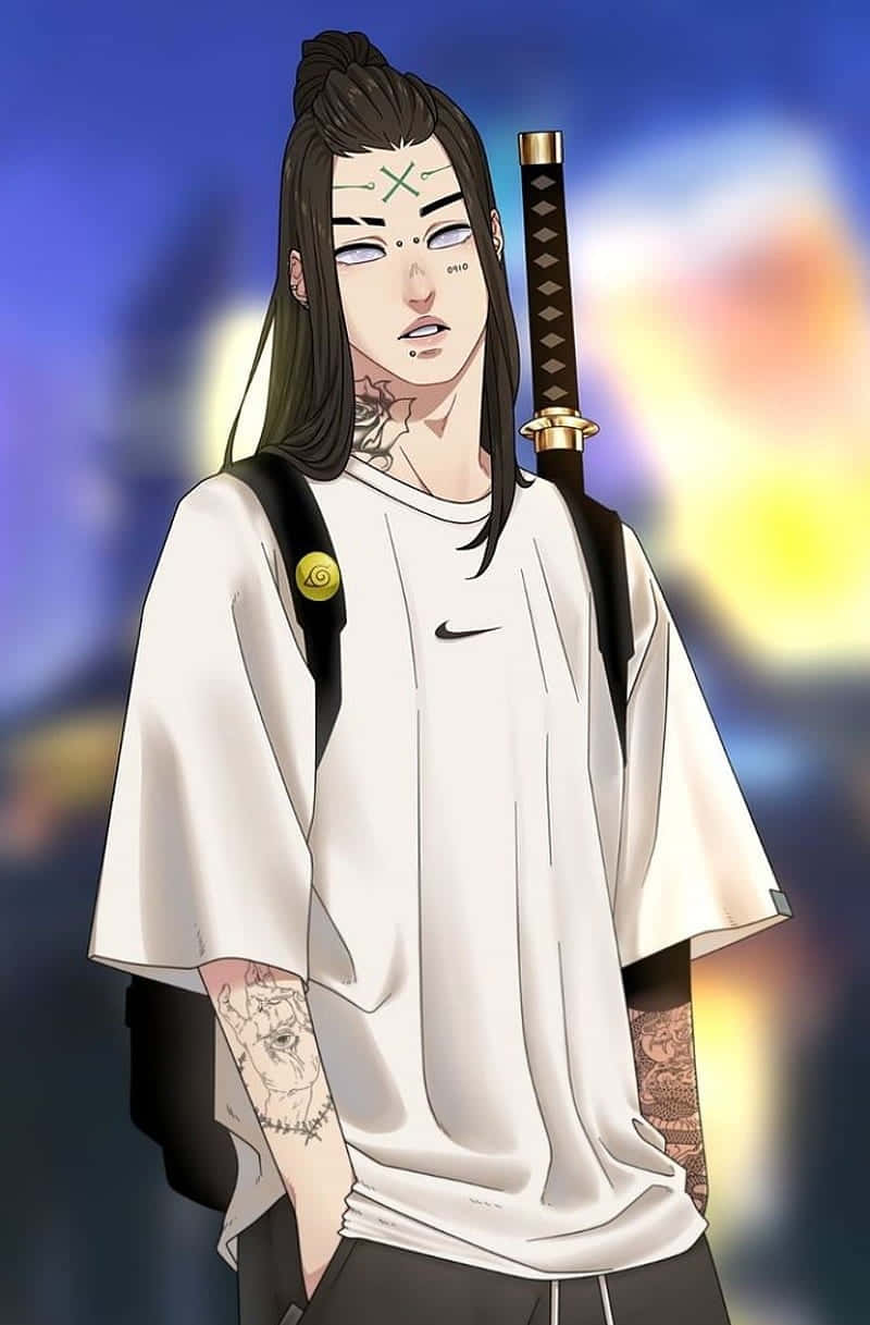 Nike 桌布 壁紙 — 一位風格化的動漫戰士，長著深色長髮和刺青，穿著白色T恤，背著劍，背景是模糊的城市景觀。