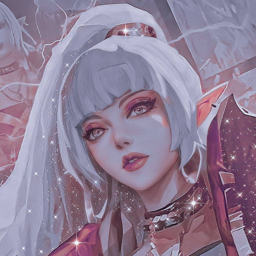 Mobile Legends 動態圖 桌布 壁紙 — 一位風格化的動漫新娘，銀色頭髮和發光的眼睛，在破碎的玻璃背景下戴著閃閃發光的頭紗。