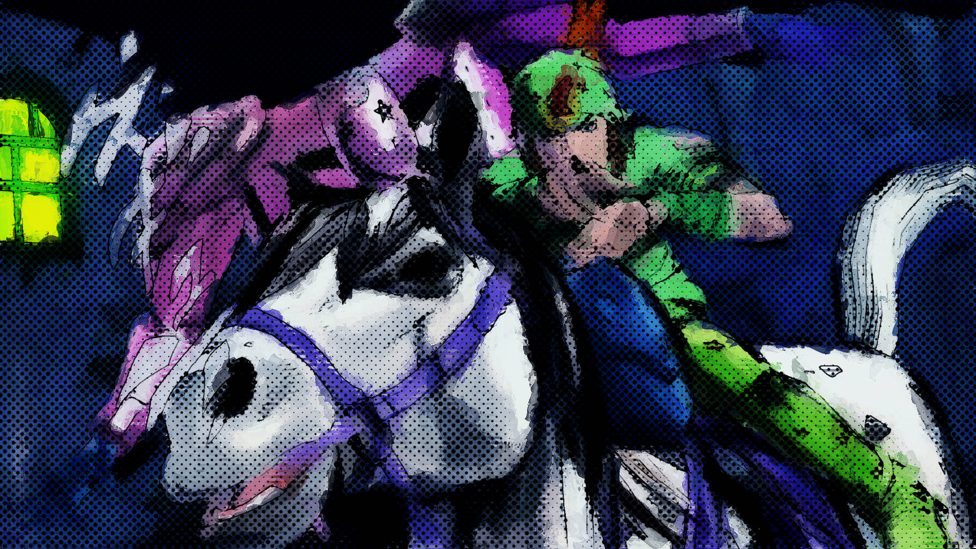 Johnny Joestar 桌布 壁紙 — 一位風格化的動漫騎士，身穿綠色和紫色，騎著一匹白馬，在黑暗的天空下，背景中有一扇發光的窗戶。