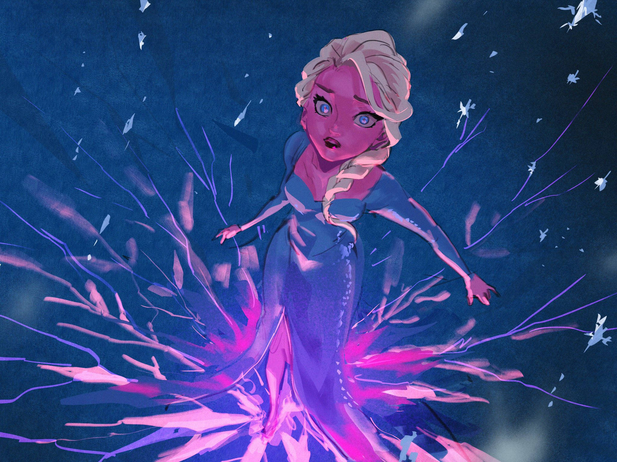 Frozen Elsa 桌布 壁紙 — 一位風格化的動畫公主，金髮藍眼，站在深藍色背景前，周圍是充滿活力的粉紅色和紫色魔法冰碎片。