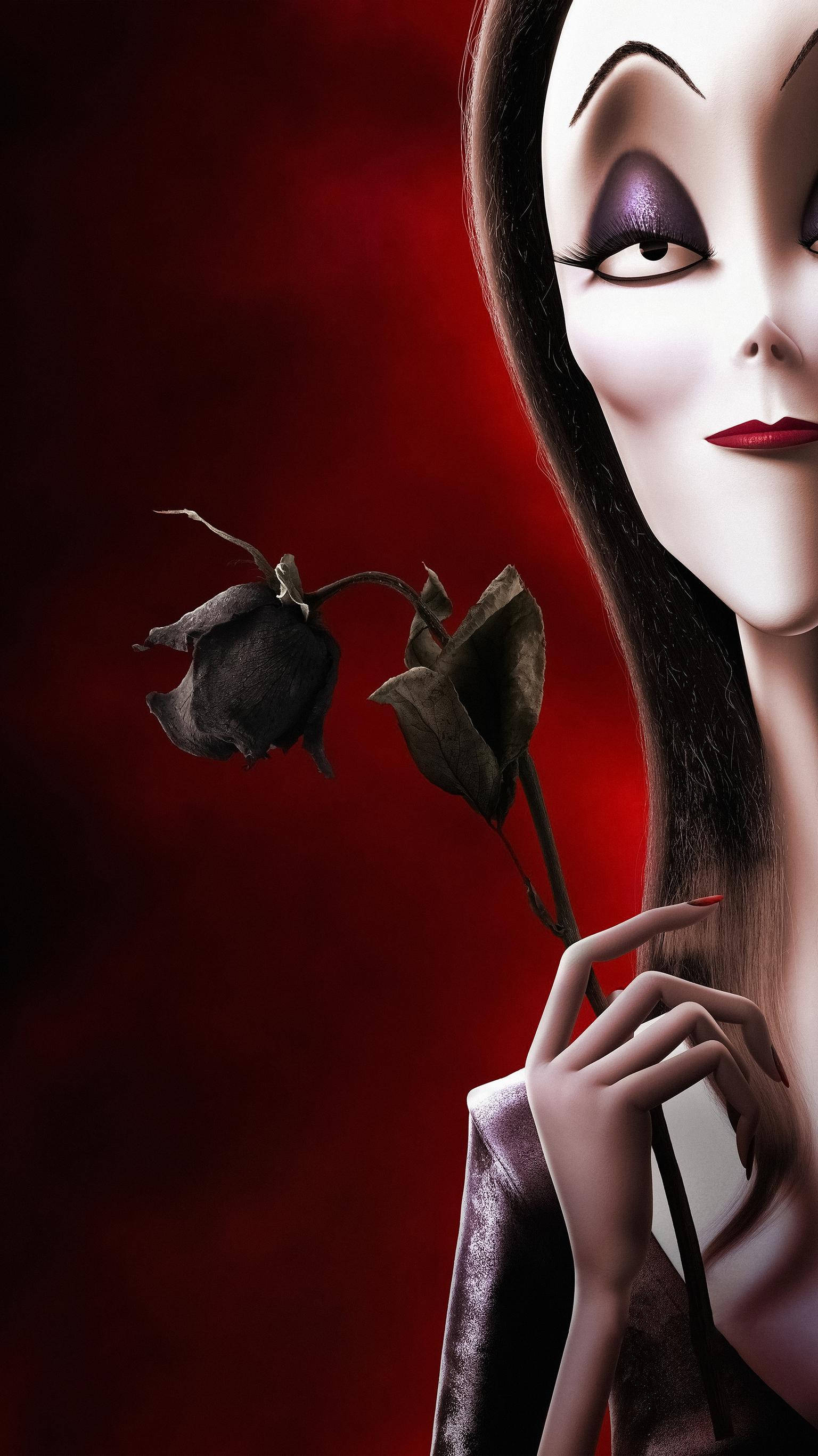 The Addams Family 2 桌布 壁紙 — 一位風格化的動畫女性，擁有紫色眼睛和紅色嘴唇，在深紅色背景前手持枯萎的黑玫瑰。