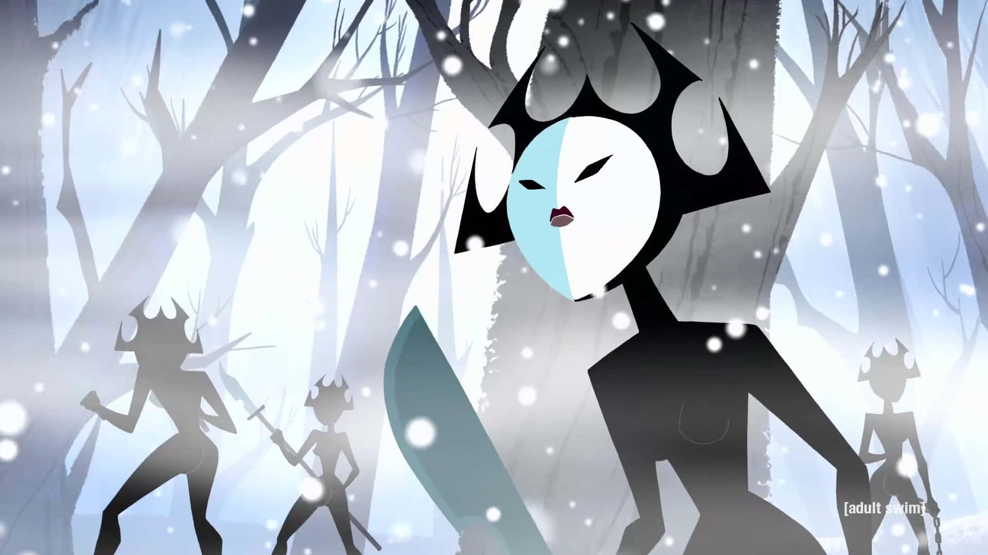 samurai jack 桌布 壁紙 — 一位風格化的動畫女王，擁有藍色半邊臉和黑色皇冠，站在雪地森林中，陰影戰士正在前進。