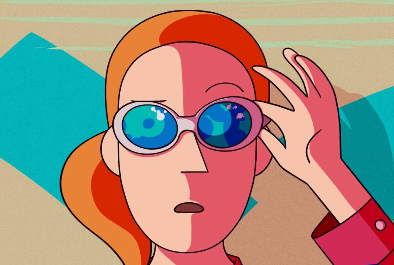 Summer Smith 桌布 壁紙 — 一位風格化的卡通女性，橙色頭髮，在幾何背景前調整超大藍色太陽眼鏡。