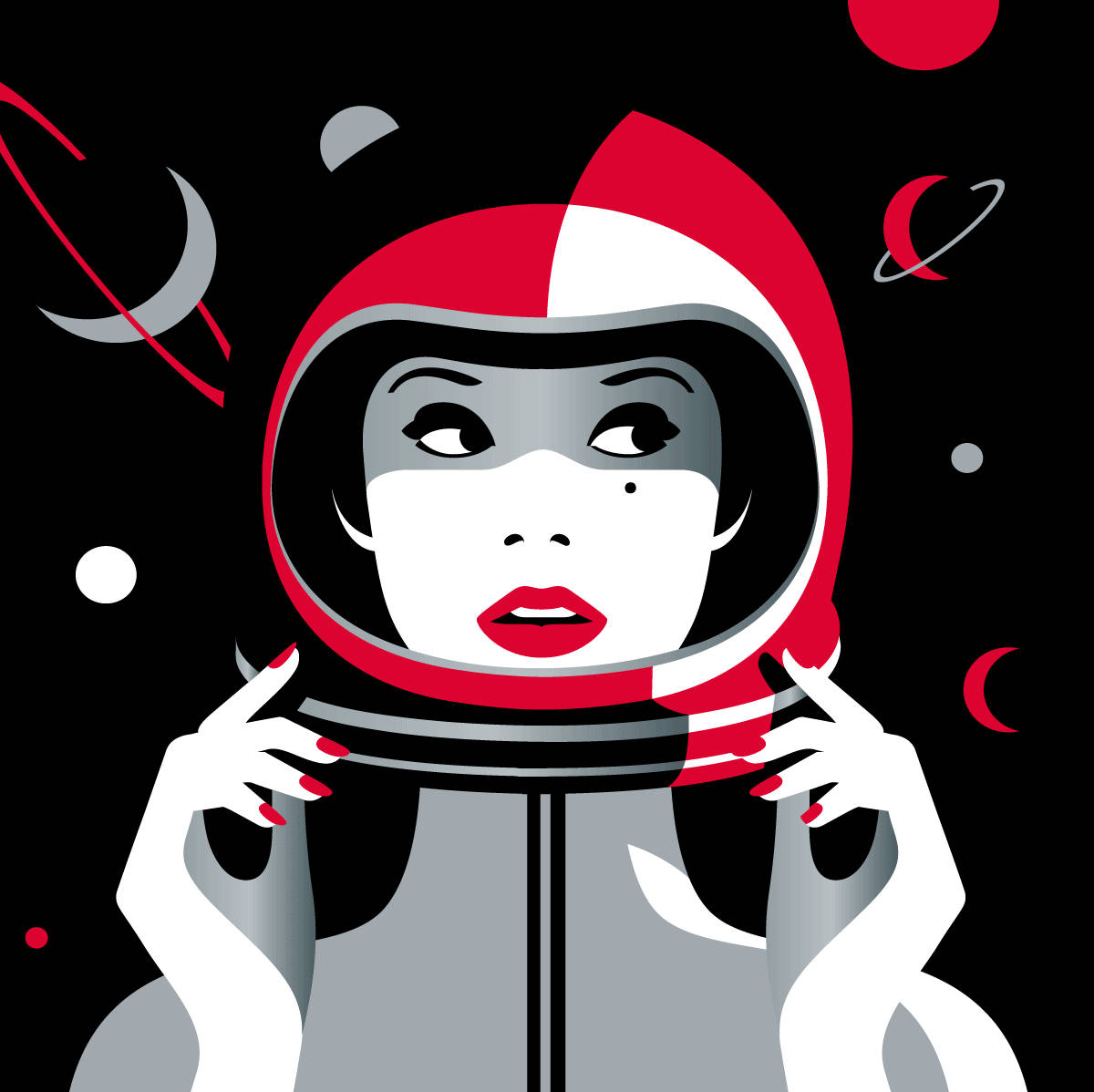 Sephora 桌布 壁紙 — 一位風格化的女太空人，戴著紅白頭盔，在行星和新月的宇宙背景下向上凝視。