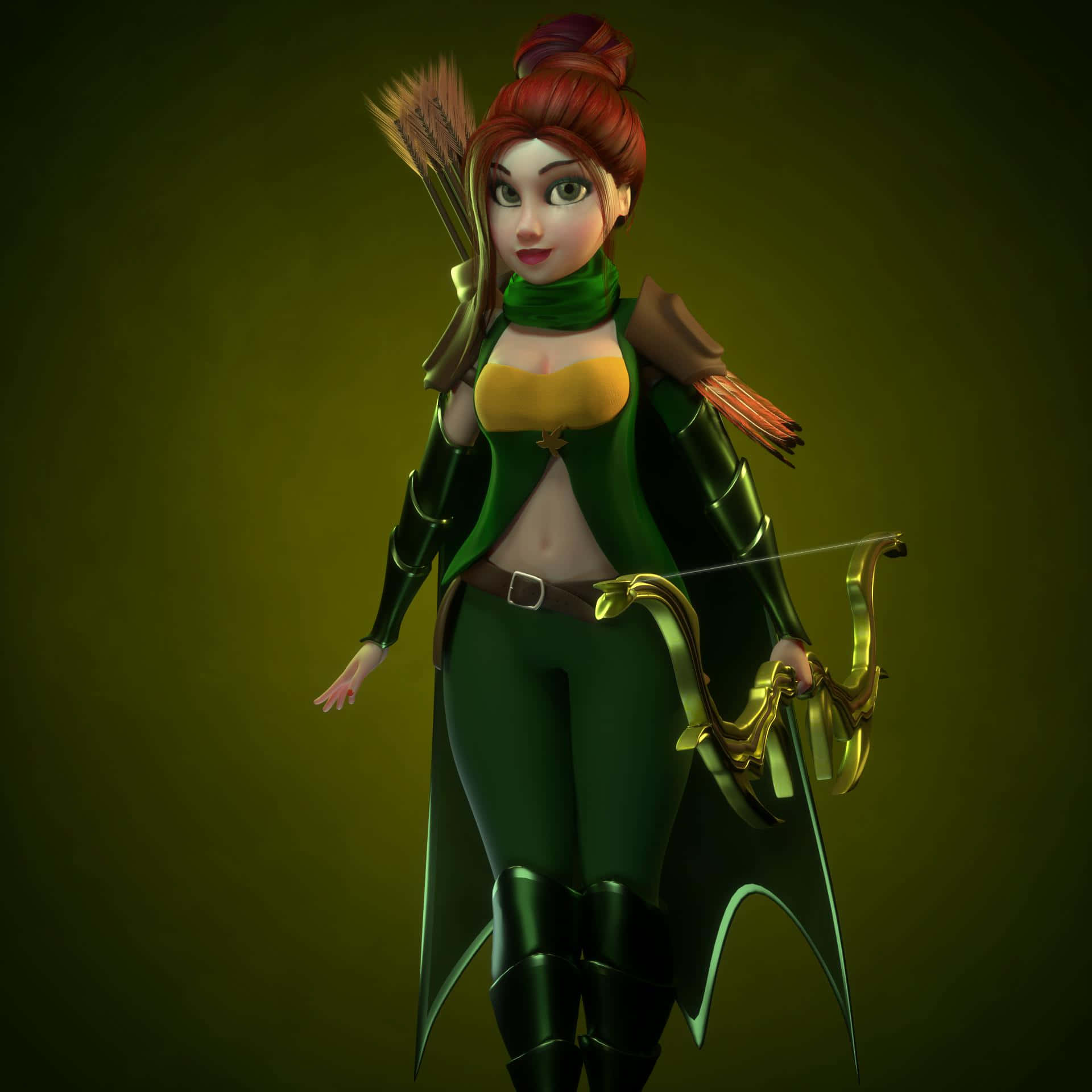 Windranger 桌布 壁紙 — 一位風格化的女弓箭手，紅髮綠甲，手持金色弓，站在深綠色漸變背景前。