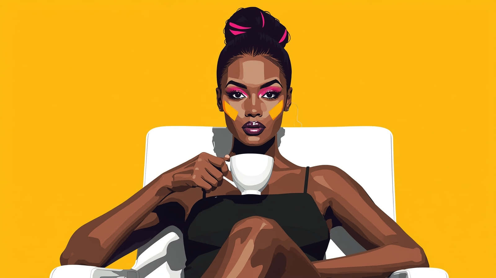 Melanin Queen Portrait with Abstract Face Paint Art Wallpaper 壁紙 — 一位風格化的女性，帶有粉紅色頭髮點綴和黃色臉部彩繪，在鮮黃色背景前，坐在白色椅子上悠閒地喝茶。