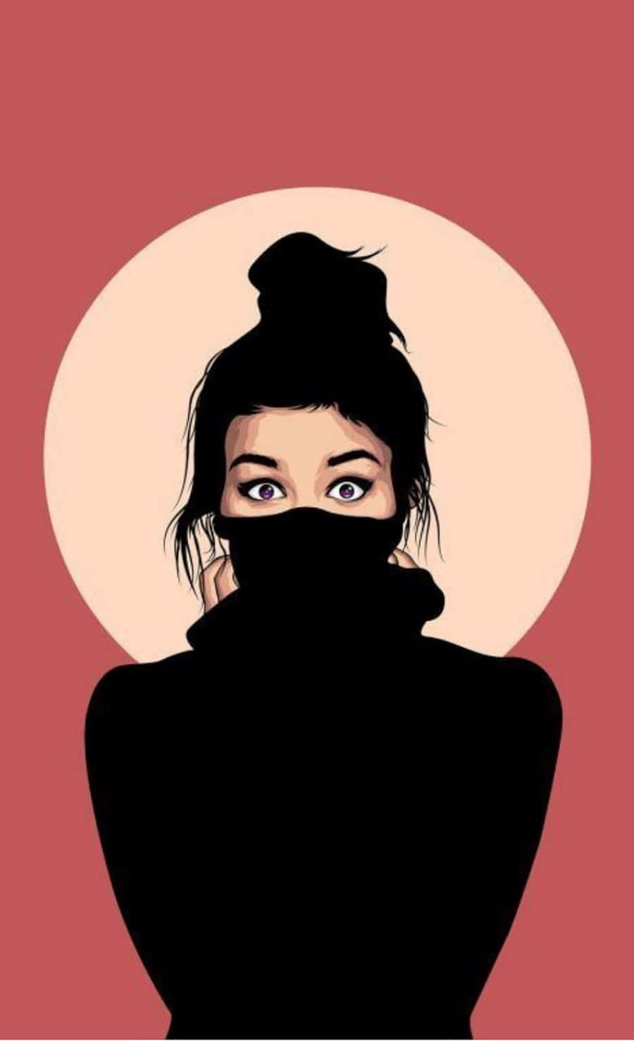 可愛女生 桌布 壁紙 — 一位風格化的女性，戴著黑色面罩和高髮髻，在柔和的桃色圓圈前，在柔和的紅色背景上強烈凝視。