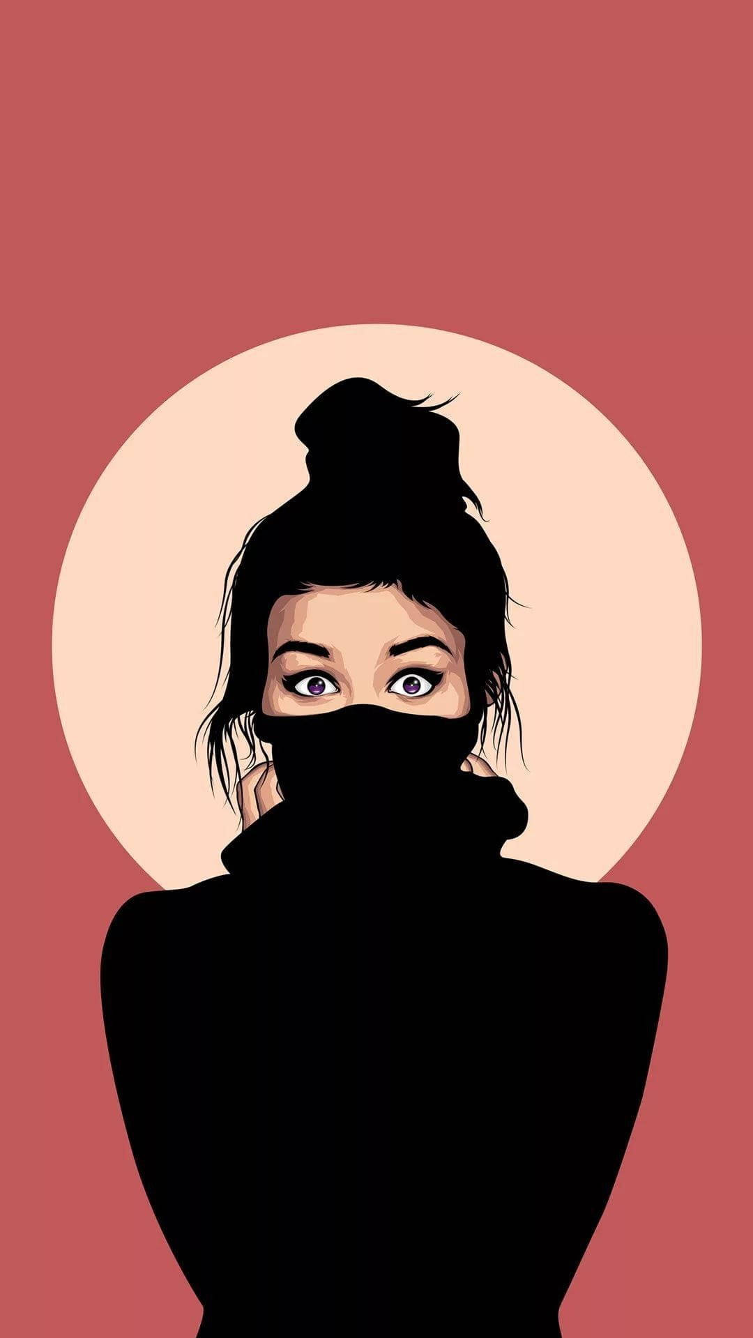 Single 桌布 壁紙 — 一位風格化的女性，擁有紫色眼睛和黑色面罩，站在柔和的蜜桃色圓圈前，背景是灰玫瑰色。