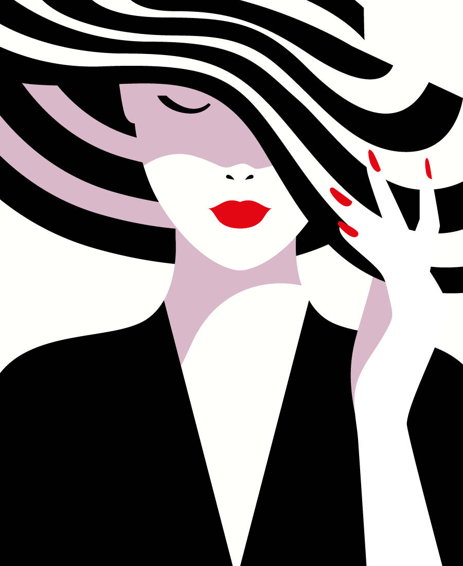 Sephora 桌布 壁紙 — 一位風格化的女性，擁有飄逸的黑白頭髮，在純白背景上用紅色指甲觸摸臉龐。