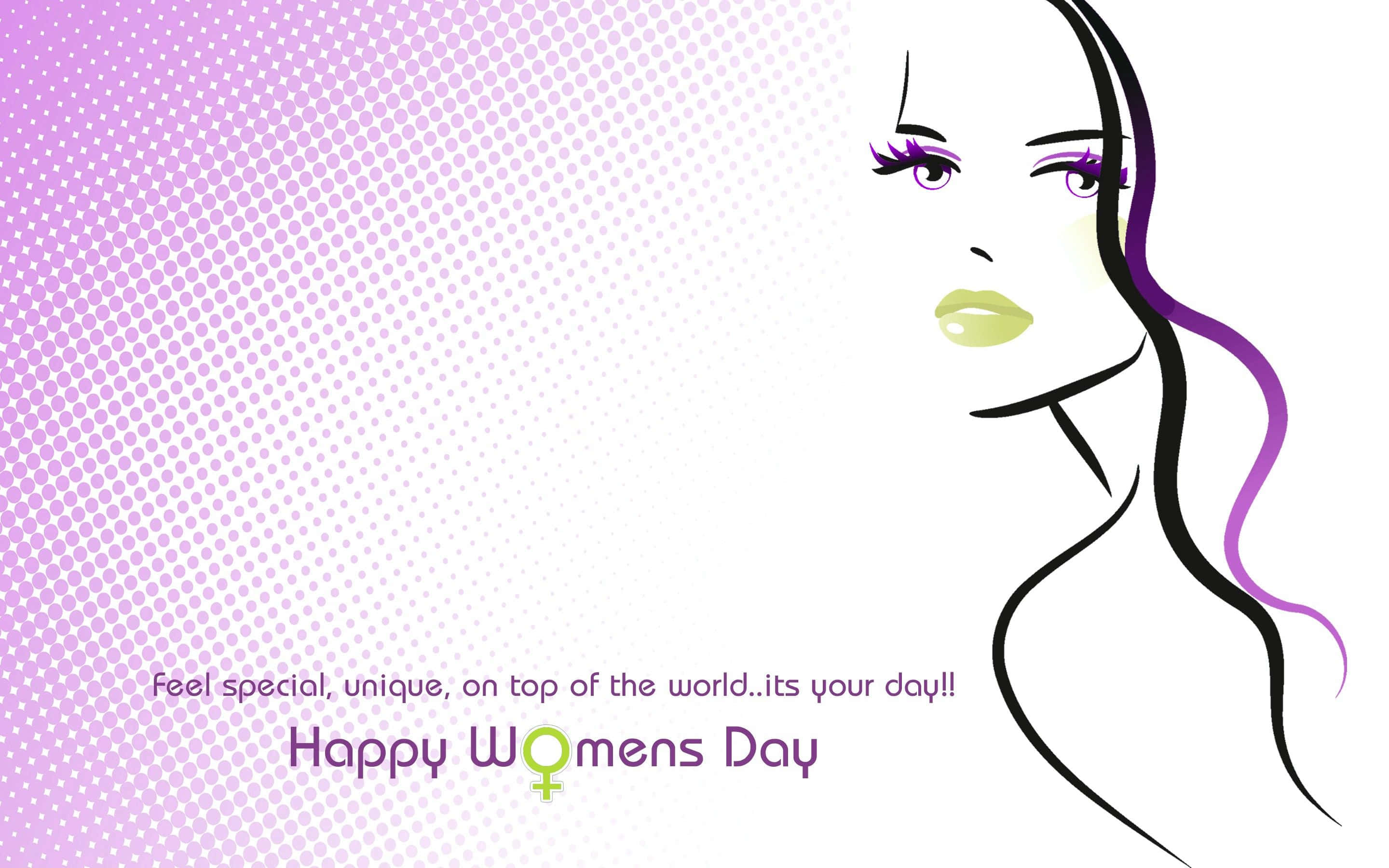 Happy Womens Day 桌布 壁紙 — 一位風格化的女性，紫色頭髮和綠色嘴唇，向右凝視，背景是半色調紫色漸變，帶有婦女節快樂的訊息。